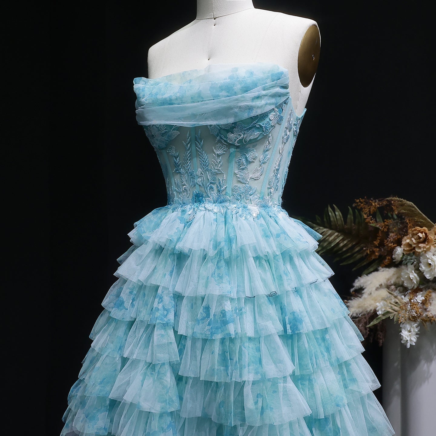 Aqua Strapless Tiered Tulle Homecoming Dress with Lace Corset Bodice RM133 Sheer Fairy