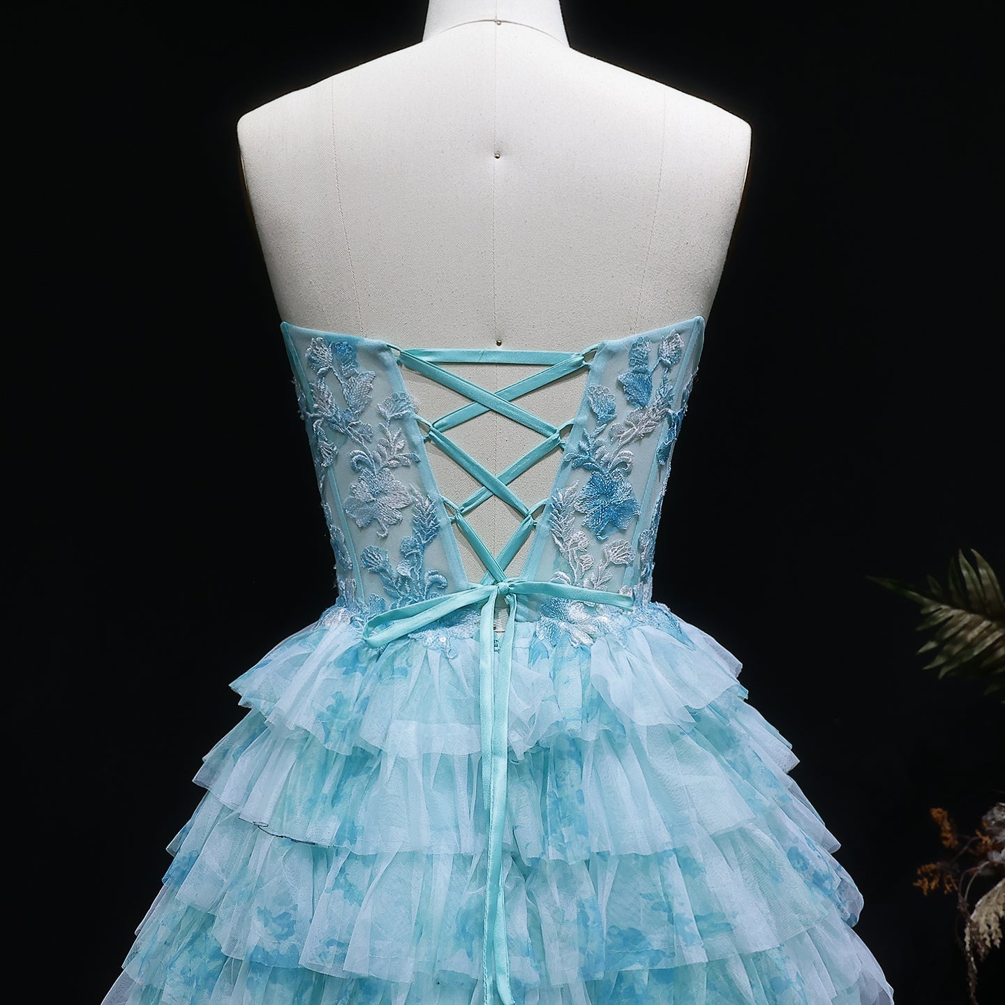 Aqua Strapless Tiered Tulle Homecoming Dress with Lace Corset Bodice RM133 Sheer Fairy