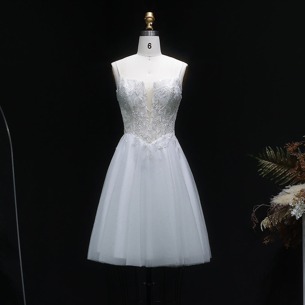 Spaghetti Strap Ball Gown Mini Short White Lace Homecoming Dress RM140 Sheer Fairy