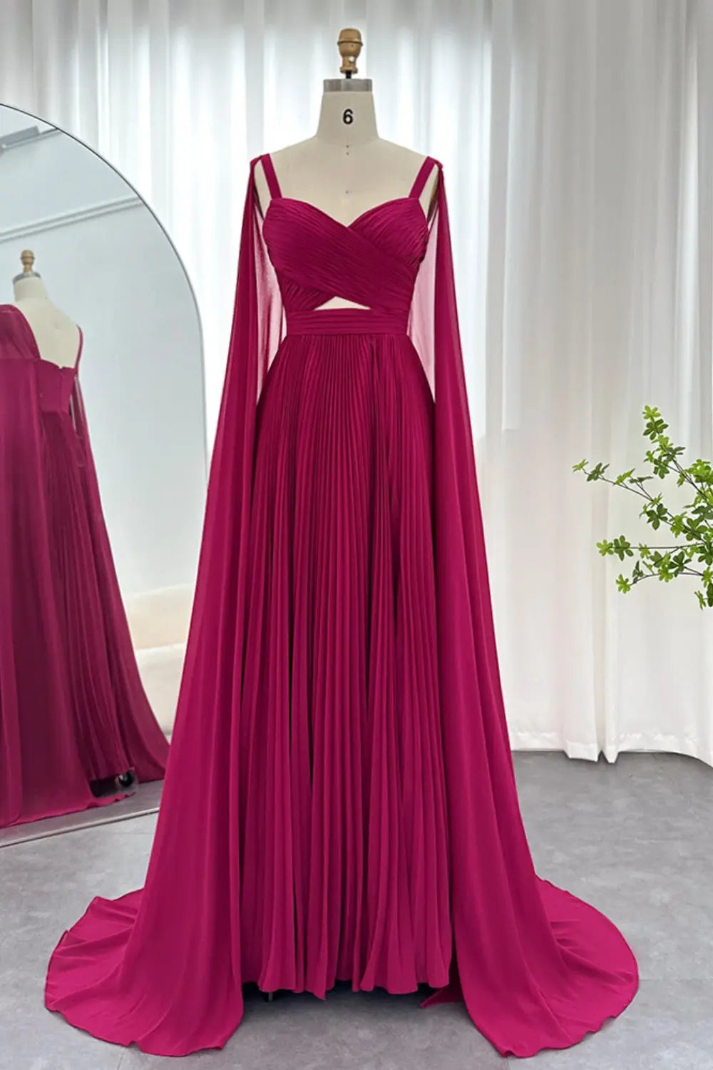 Elegant Fuchsia Chiffon Evening Dress with Cape Sleeves SF090 Sheer Fairy