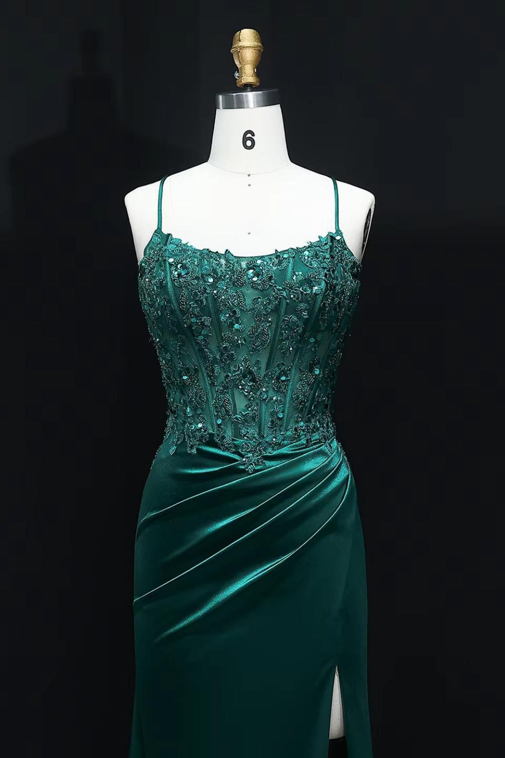Emerald Green Satin Sheath Beaded Prom Dress with Thigh Slit Train SH532 Sheer Fairy