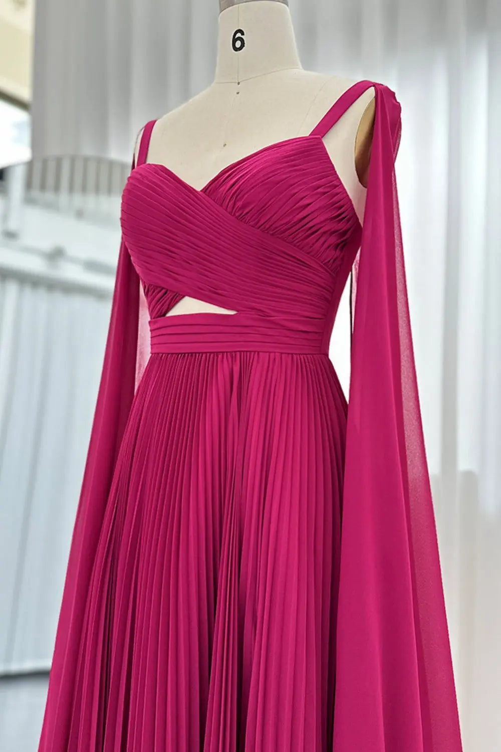 Elegant Fuchsia Chiffon Evening Dress with Cape Sleeves SF090 Sheer Fairy
