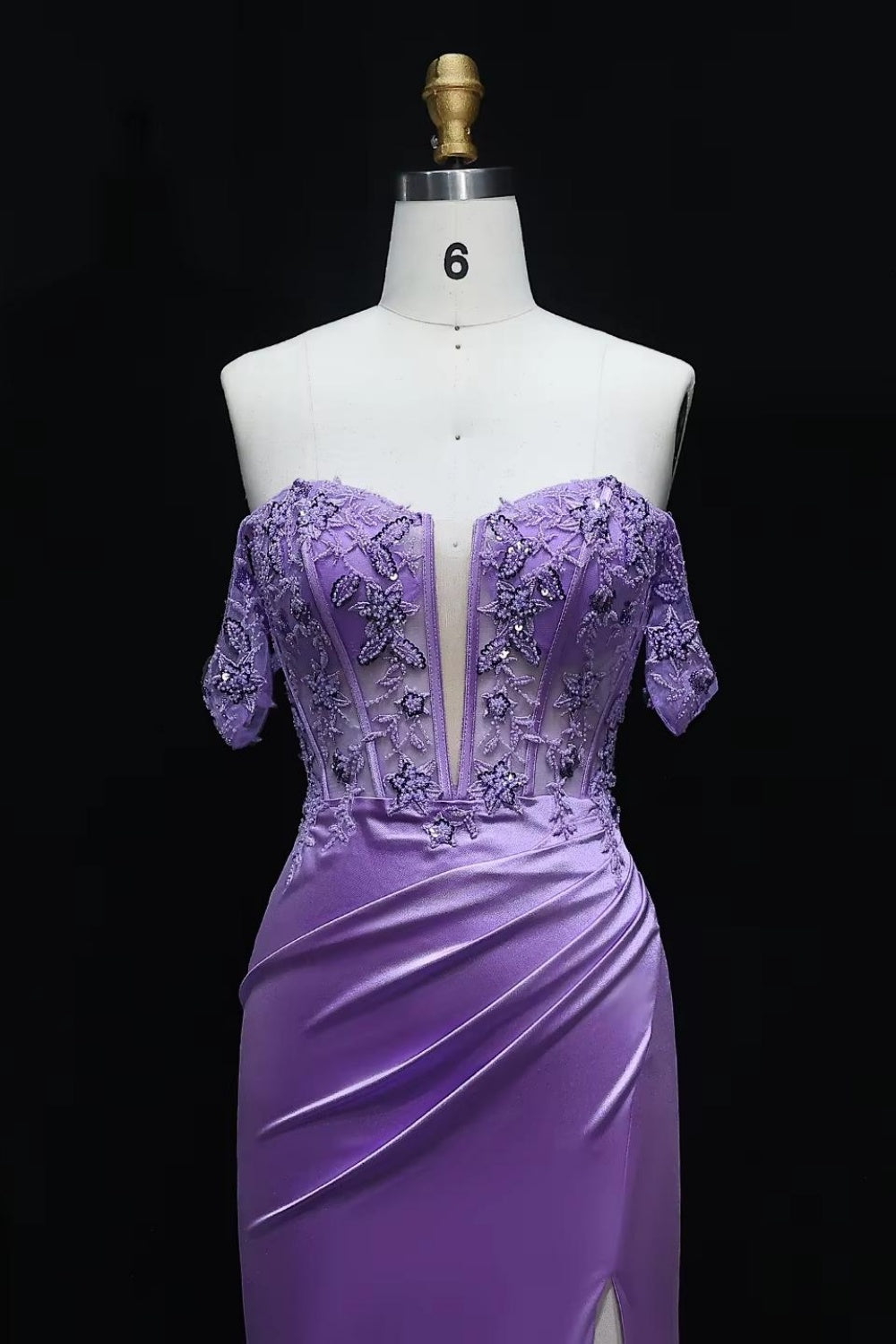 Lavender Lilac Satin Off-Shoulder Mermaid Prom Dress SH534 Sheer Fairy