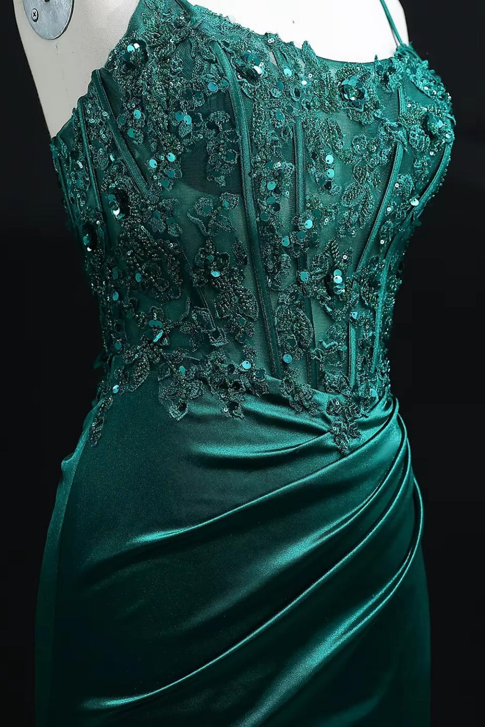 Emerald Green Satin Sheath Beaded Prom Dress with Thigh Slit Train SH532 Sheer Fairy