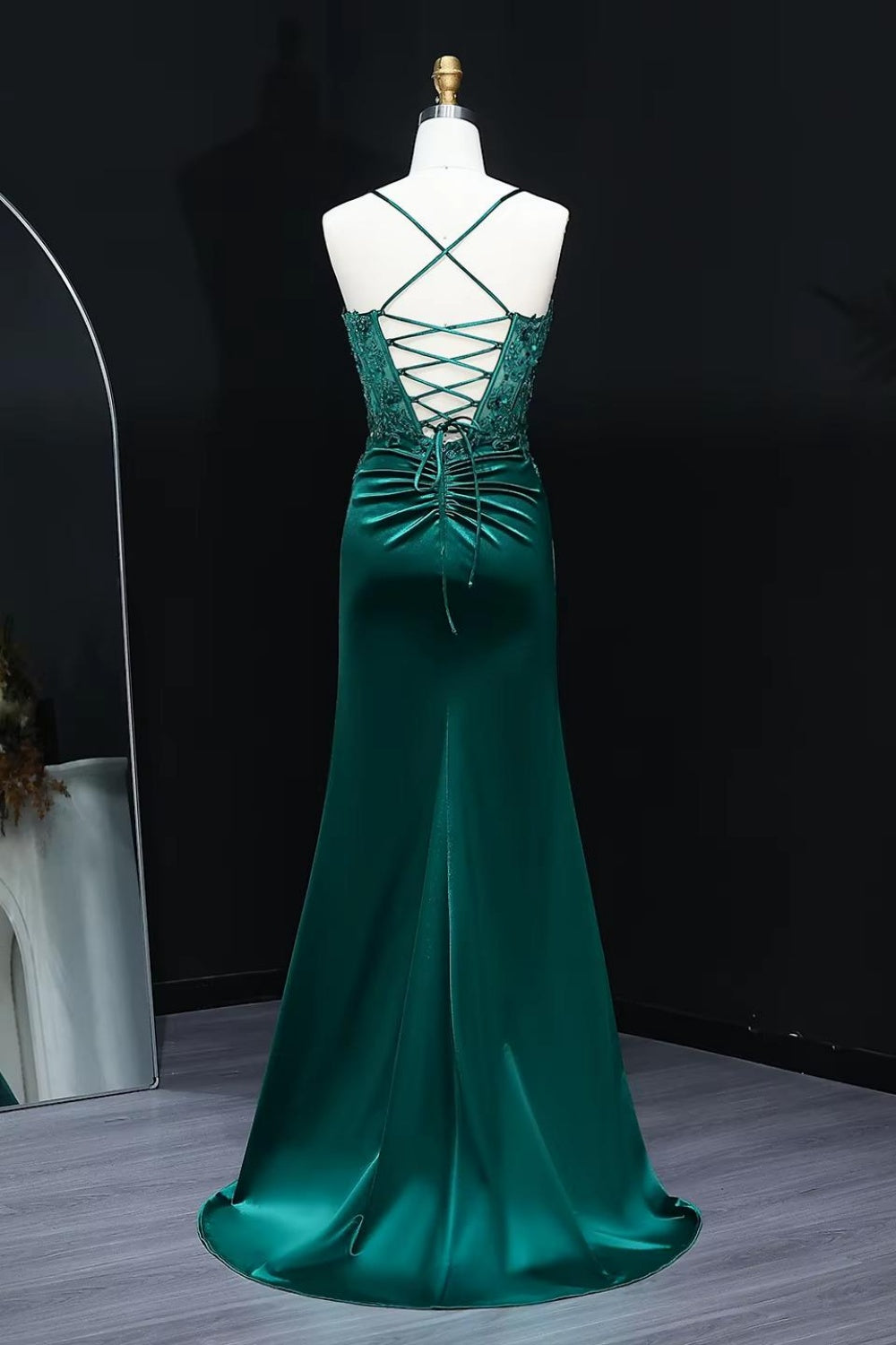 Emerald Green Satin Sheath Beaded Prom Dress with Thigh Slit Train SH532 Sheer Fairy