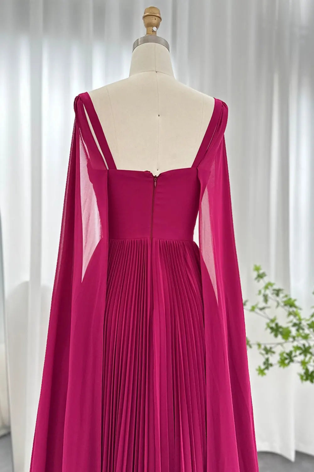 Elegant Fuchsia Chiffon Evening Dress with Cape Sleeves SF090 Sheer Fairy