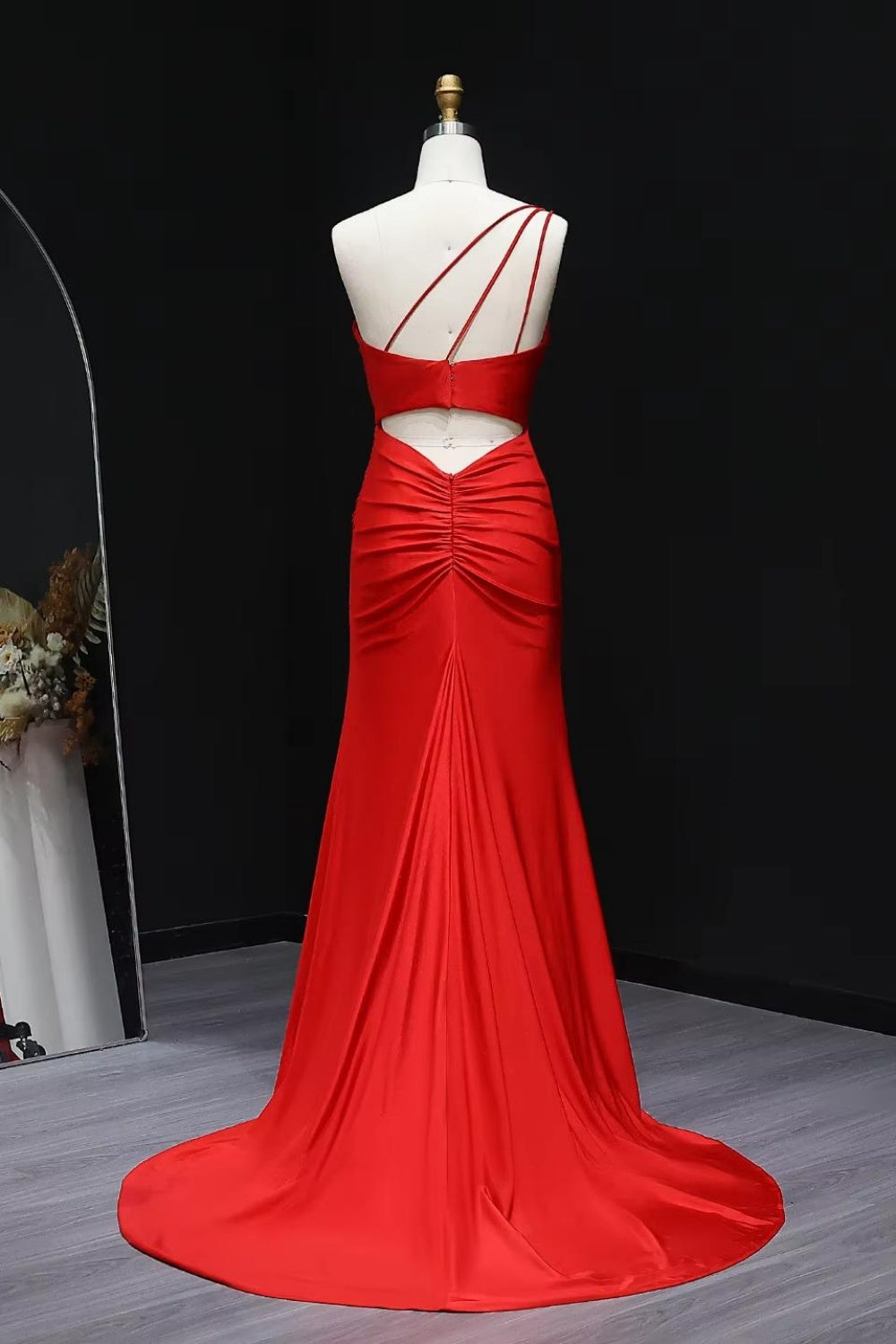Crimson Red Satin One-Shoulder Mermaid Prom Dress SH290 Sheer Fairy