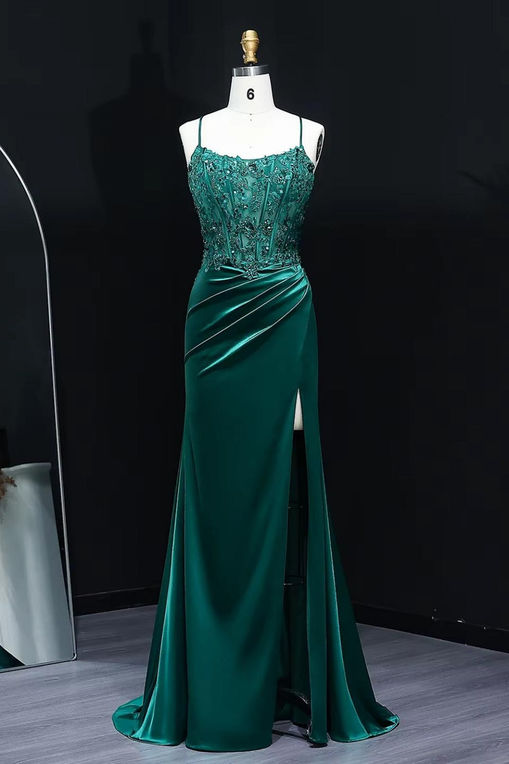 Emerald Green Satin Sheath Beaded Prom Dress with Thigh Slit Train SH532 Sheer Fairy