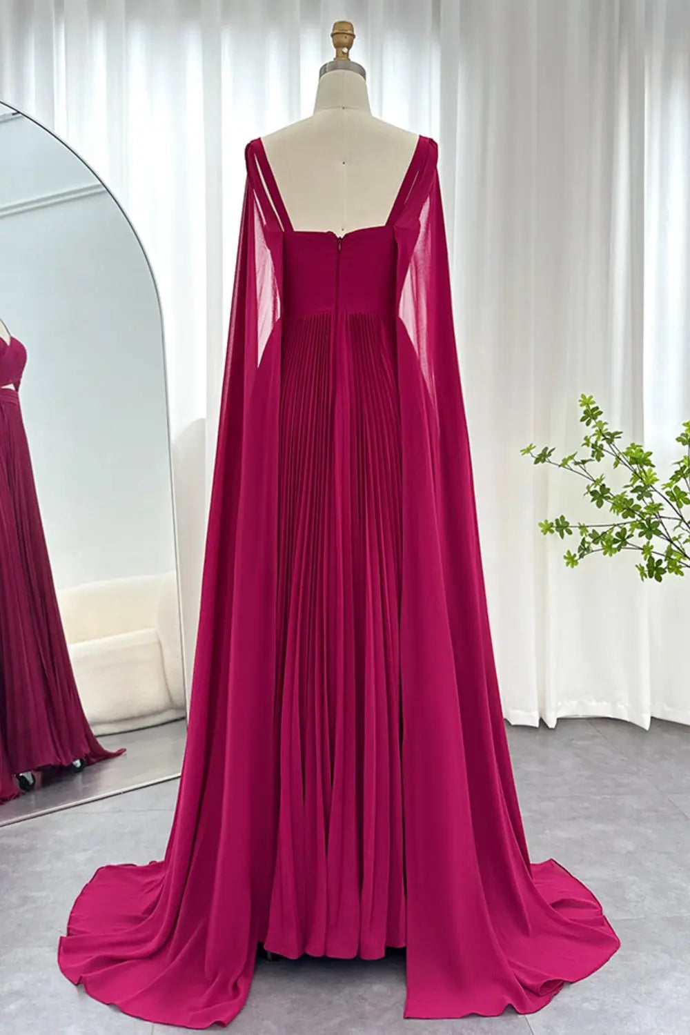 Elegant Fuchsia Chiffon Evening Dress with Cape Sleeves SF090 Sheer Fairy
