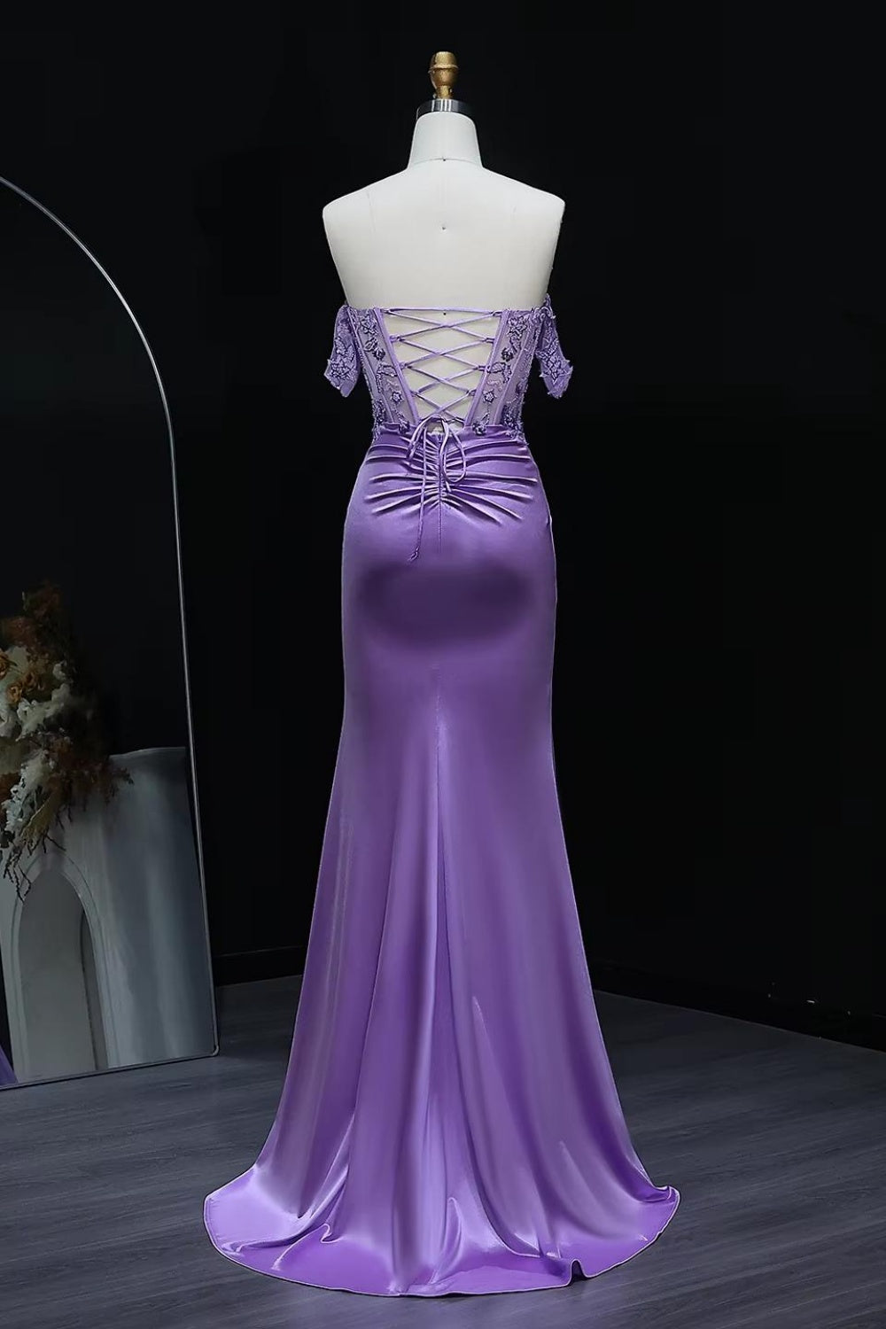 Lavender Lilac Satin Off-Shoulder Mermaid Prom Dress SH534 Sheer Fairy