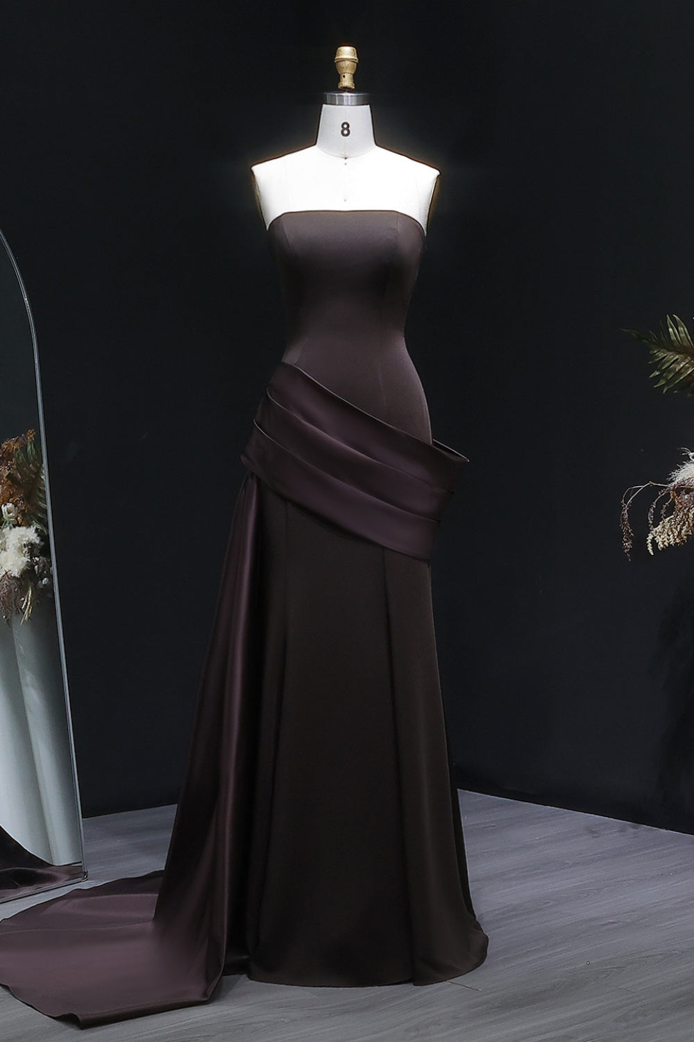Burgundy Satin Strapless Mermaid Evening Dress with Train SF061