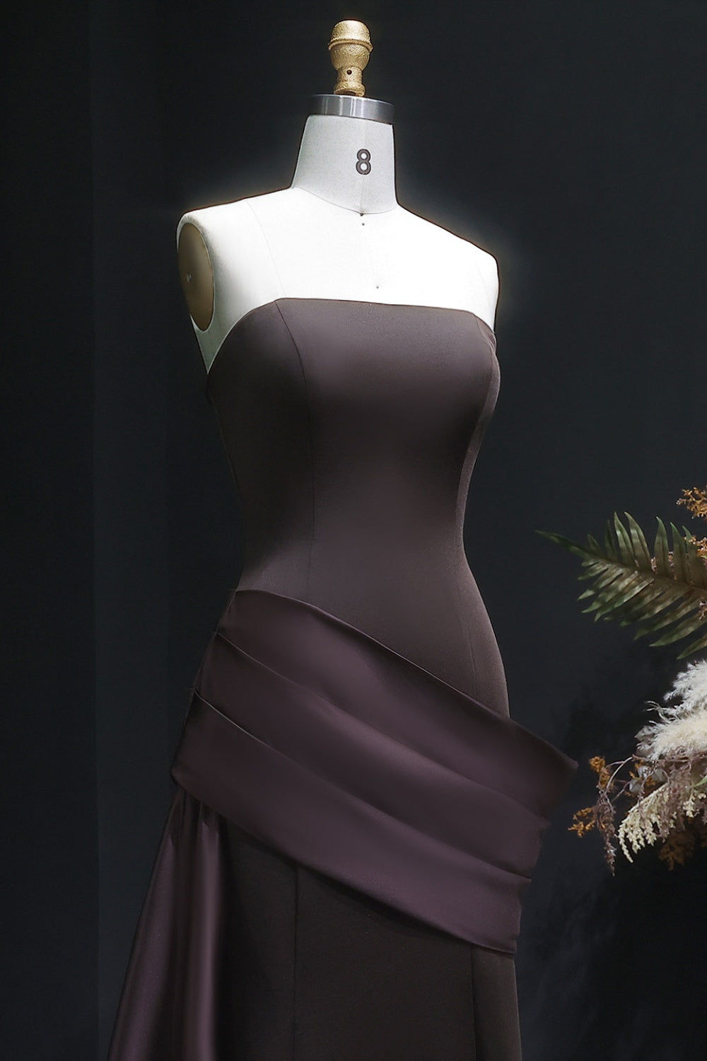 Burgundy Satin Strapless Mermaid Evening Dress with Train SF061