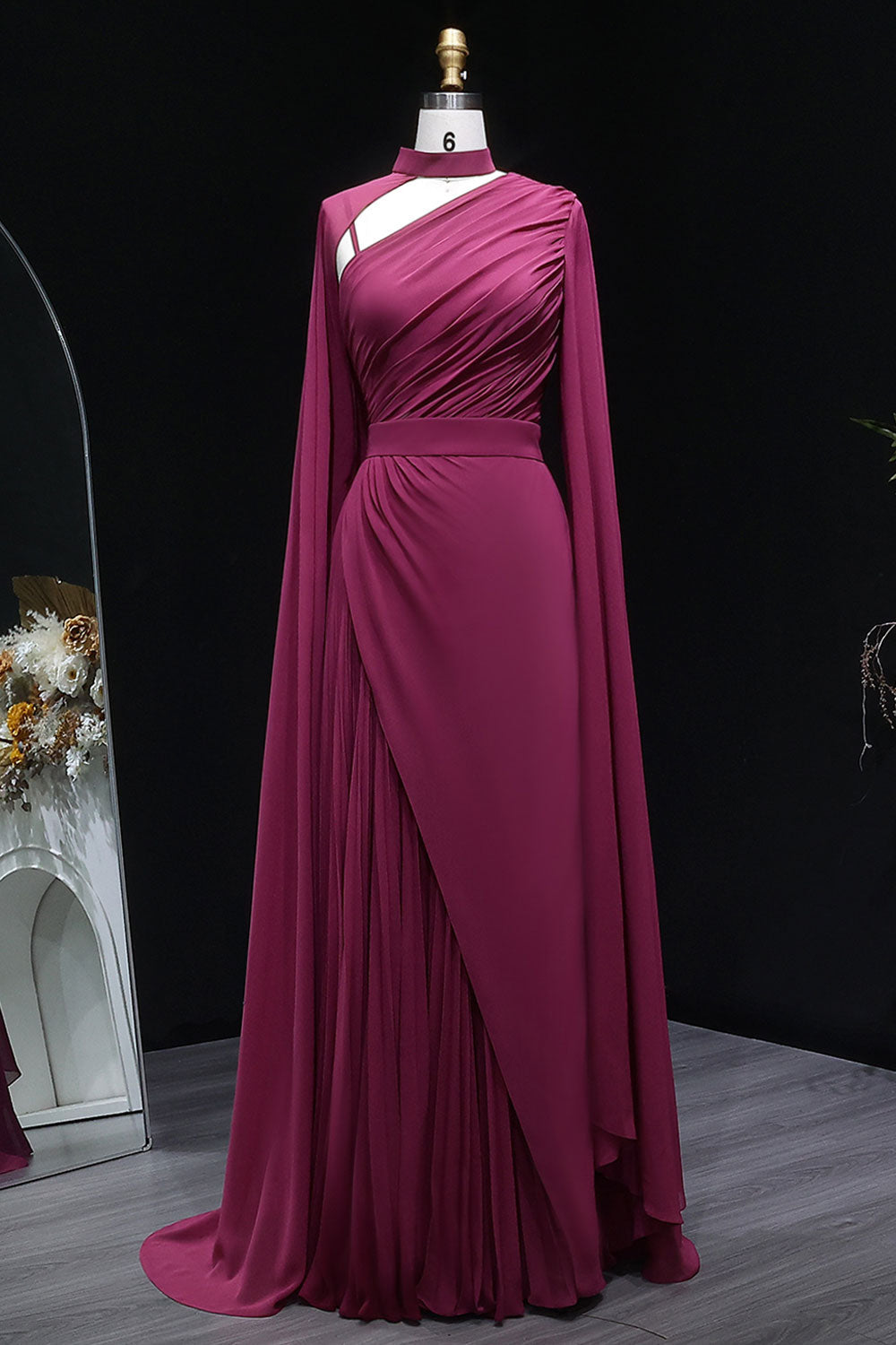 Deep Fuchsia One-Shoulder Pleated Chiffon Evening Dress with Cape Sleeves SF085 Sheer Fairy