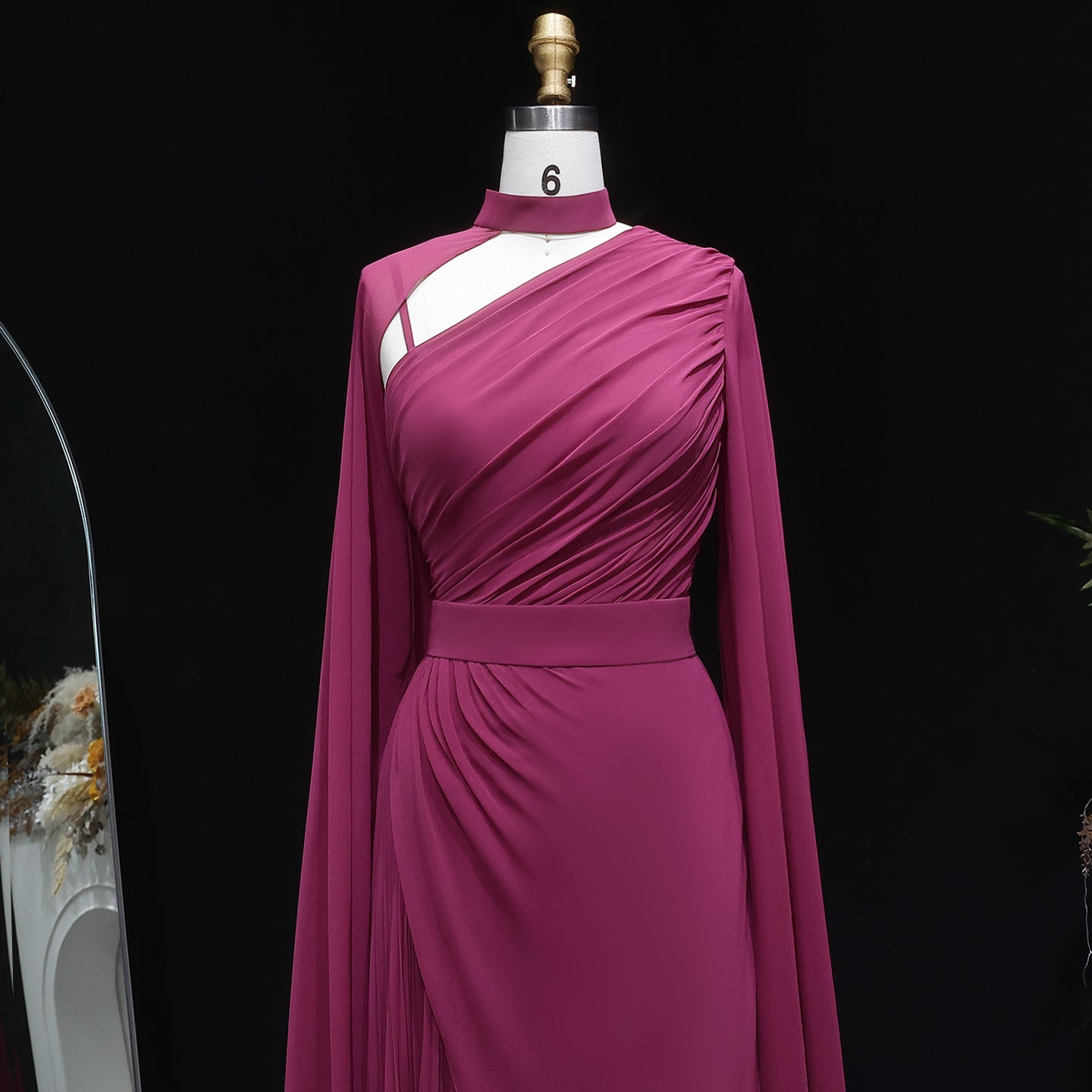 Deep Fuchsia One-Shoulder Pleated Chiffon Evening Dress with Cape Sleeves SF085 Sheer Fairy