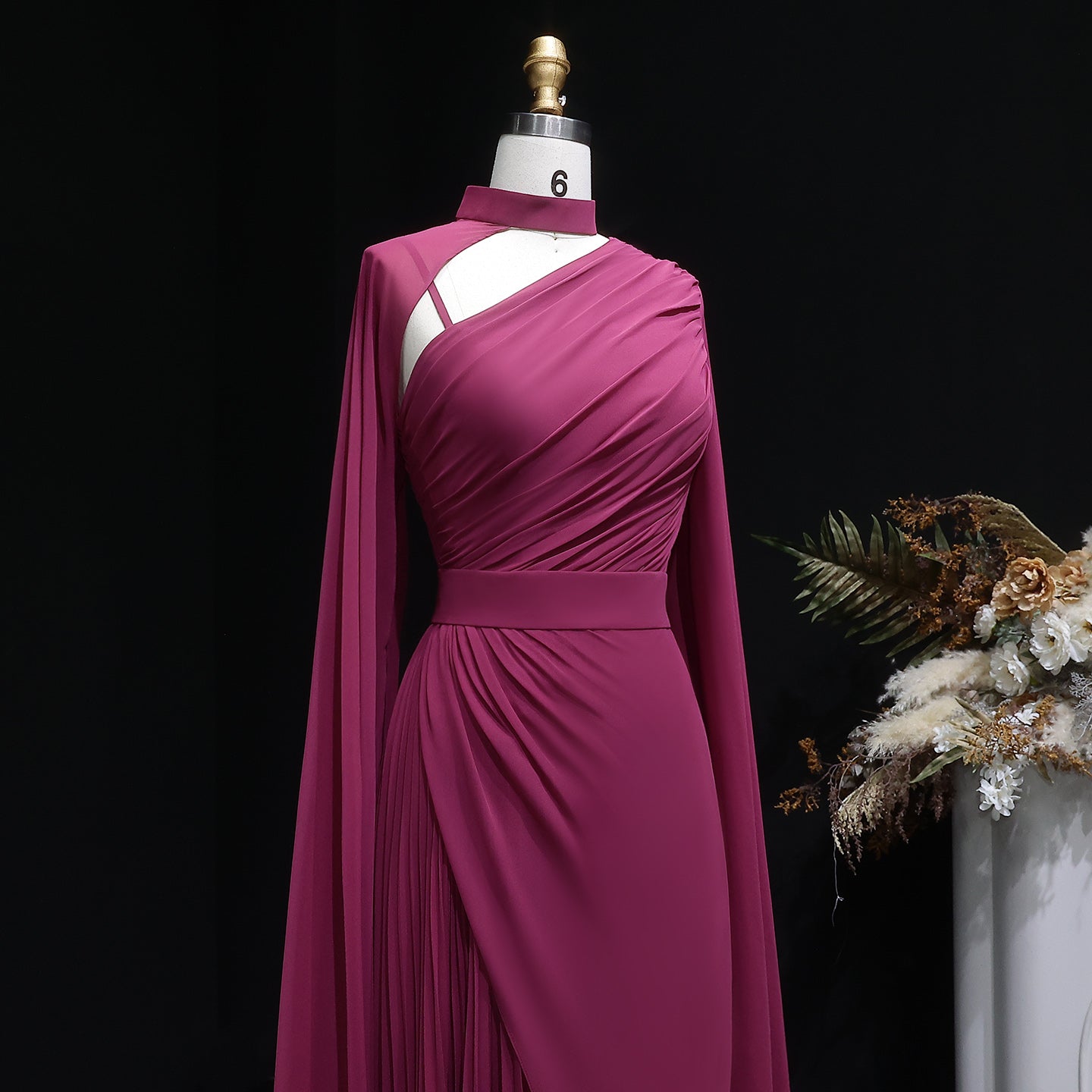 Deep Fuchsia One-Shoulder Pleated Chiffon Evening Dress with Cape Sleeves SF085 Sheer Fairy