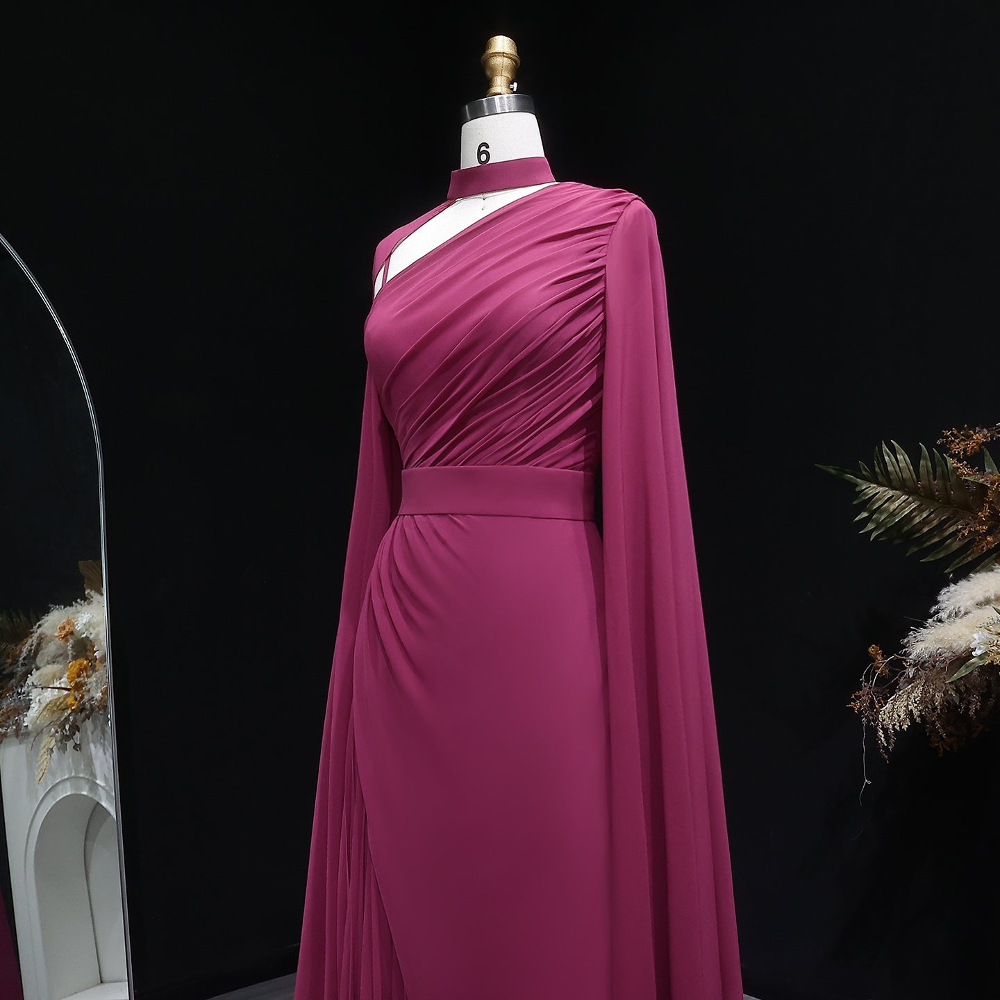Deep Fuchsia One-Shoulder Pleated Chiffon Evening Dress with Cape Sleeves SF085 Sheer Fairy