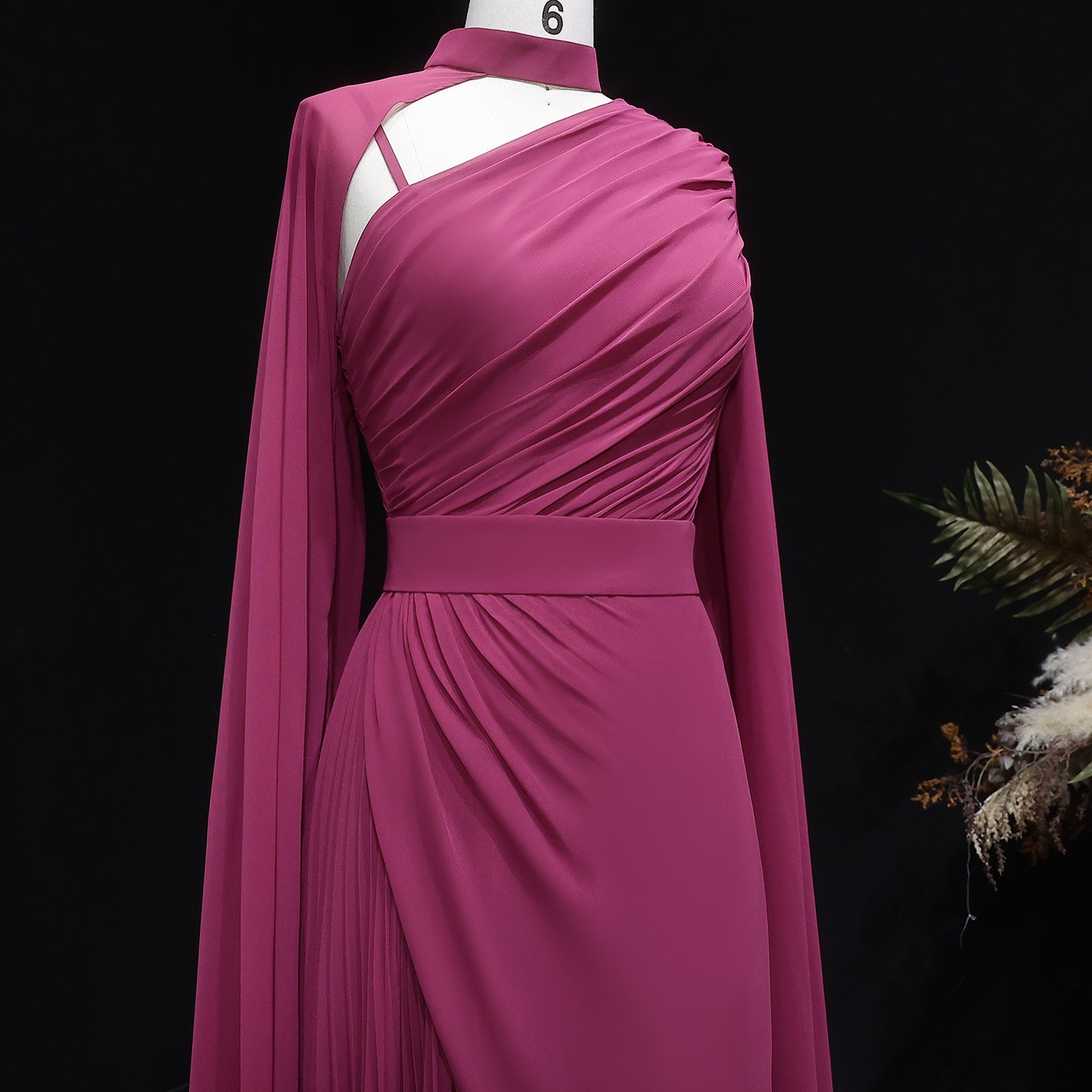 Deep Fuchsia One-Shoulder Pleated Chiffon Evening Dress with Cape Sleeves SF085 Sheer Fairy