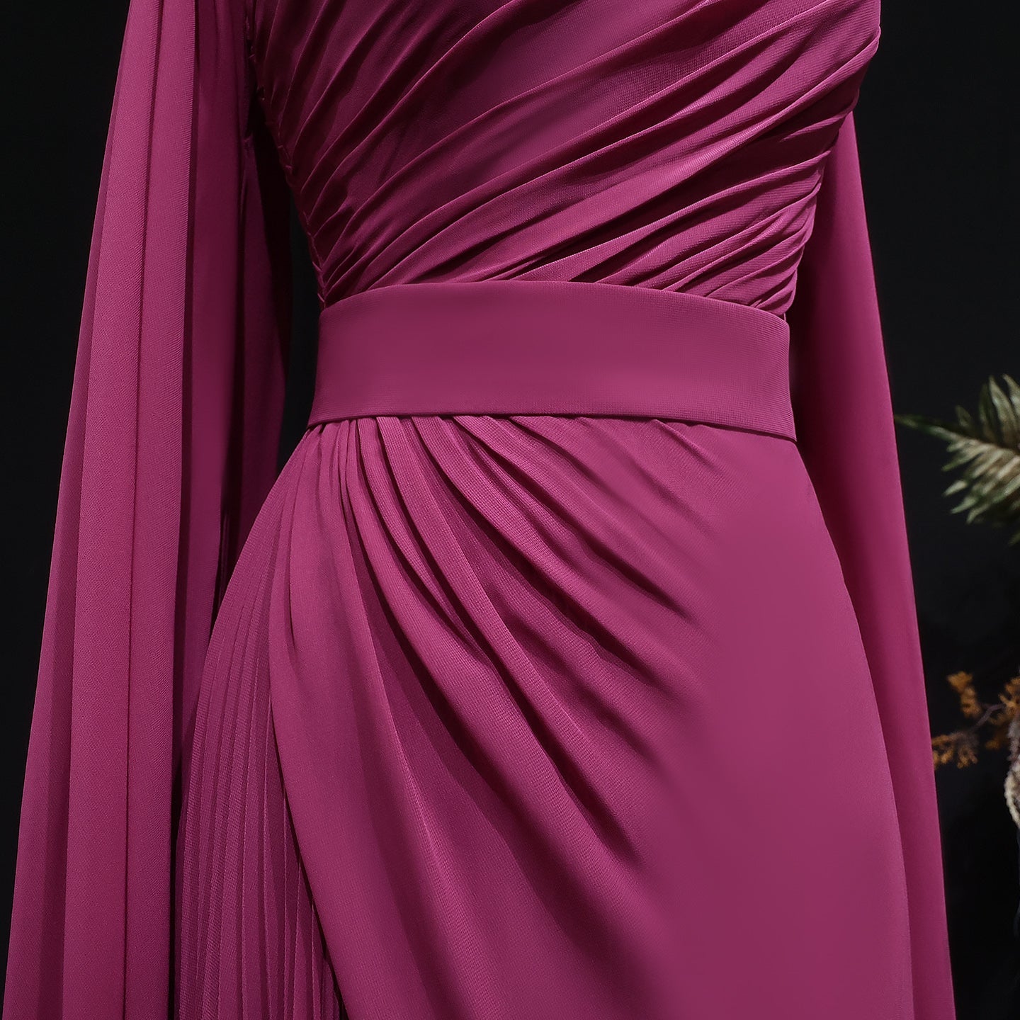 Deep Fuchsia One-Shoulder Pleated Chiffon Evening Dress with Cape Sleeves SF085 Sheer Fairy
