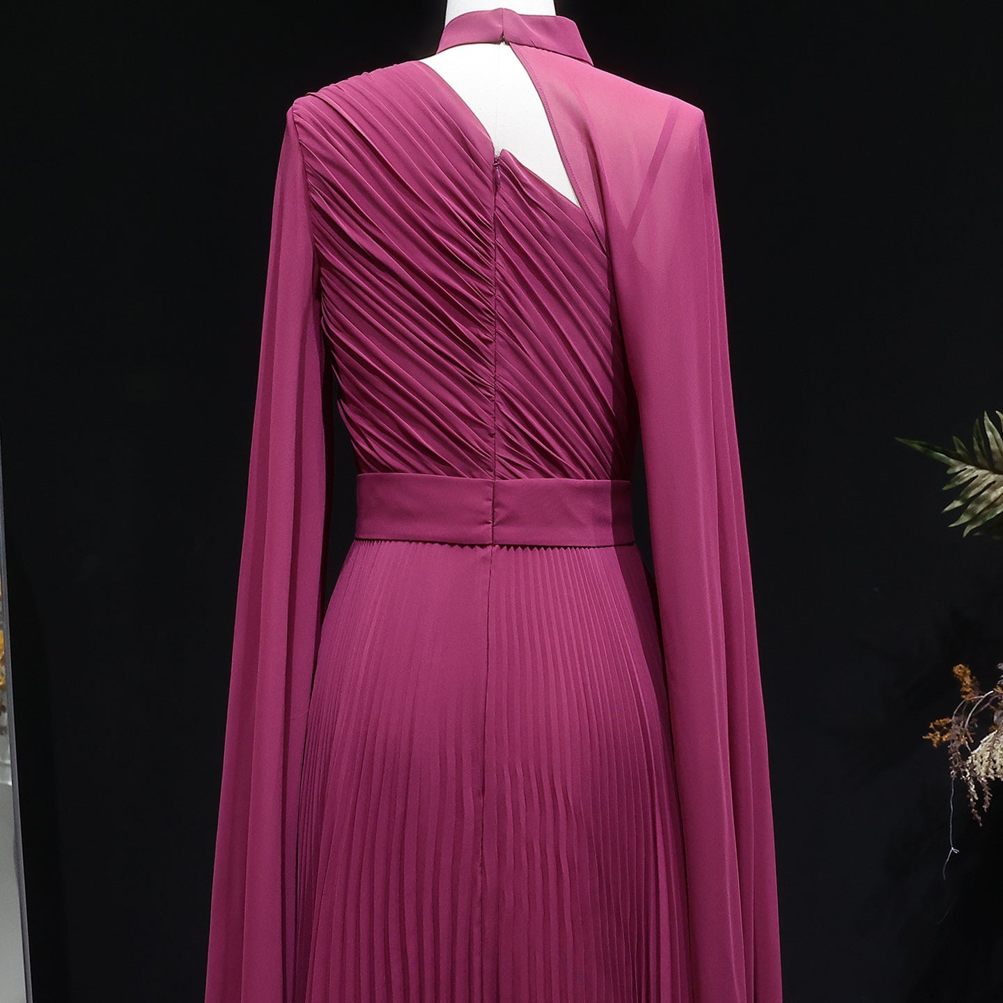 Deep Fuchsia One-Shoulder Pleated Chiffon Evening Dress with Cape Sleeves SF085 Sheer Fairy