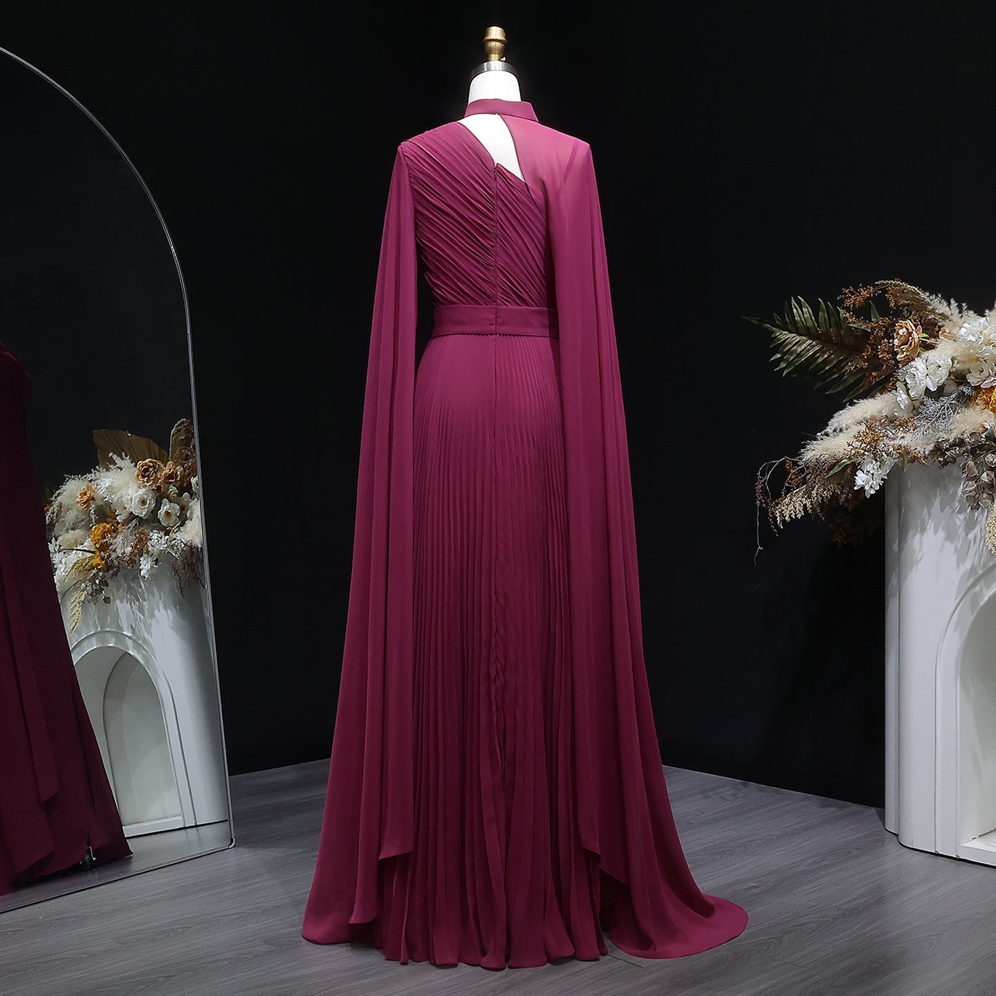 Deep Fuchsia One-Shoulder Pleated Chiffon Evening Dress with Cape Sleeves SF085 Sheer Fairy
