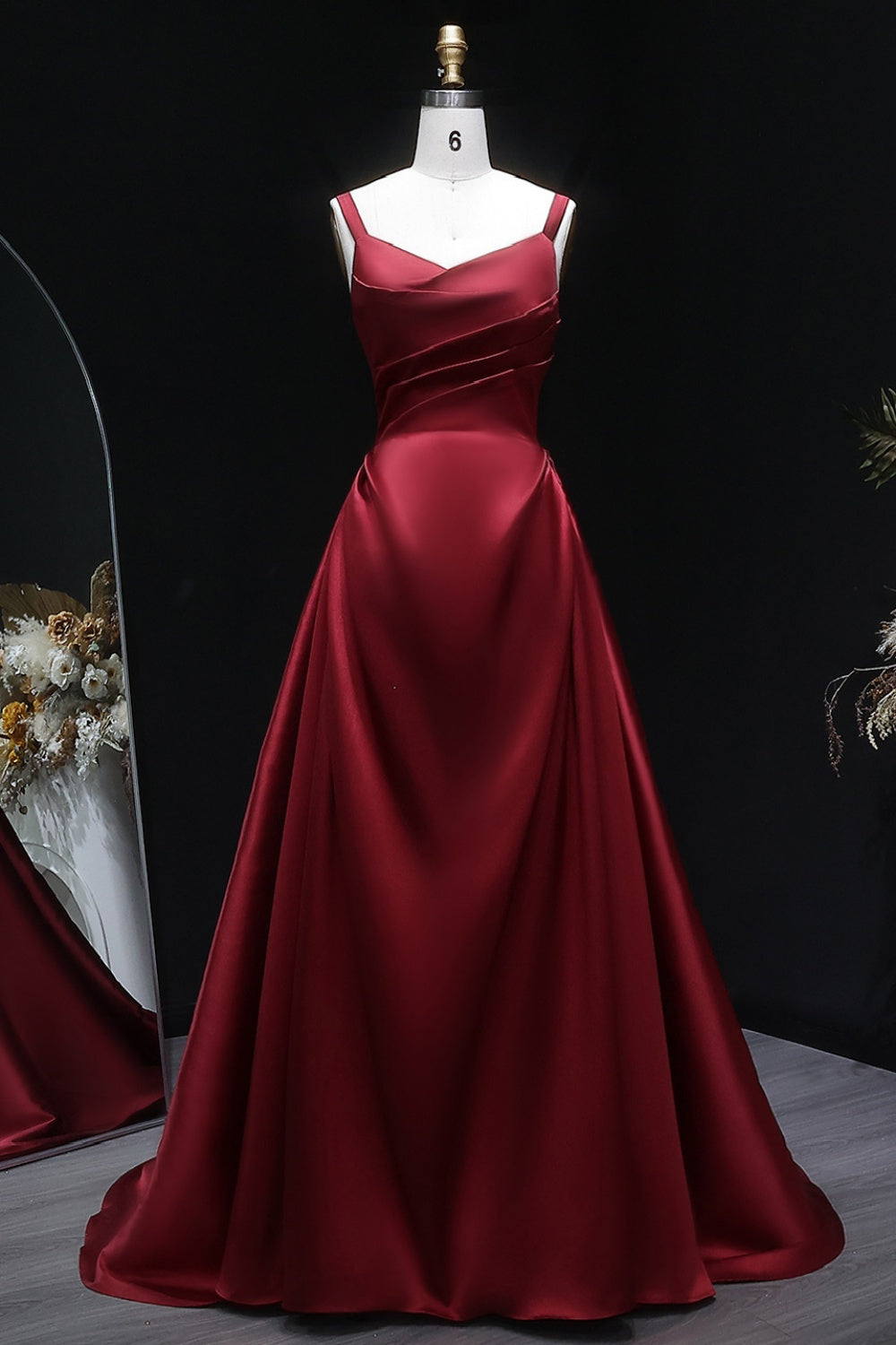 Burgundy Wine Red Square Neck Satin Ballgown Evening Dress SF089 Sheer Fairy