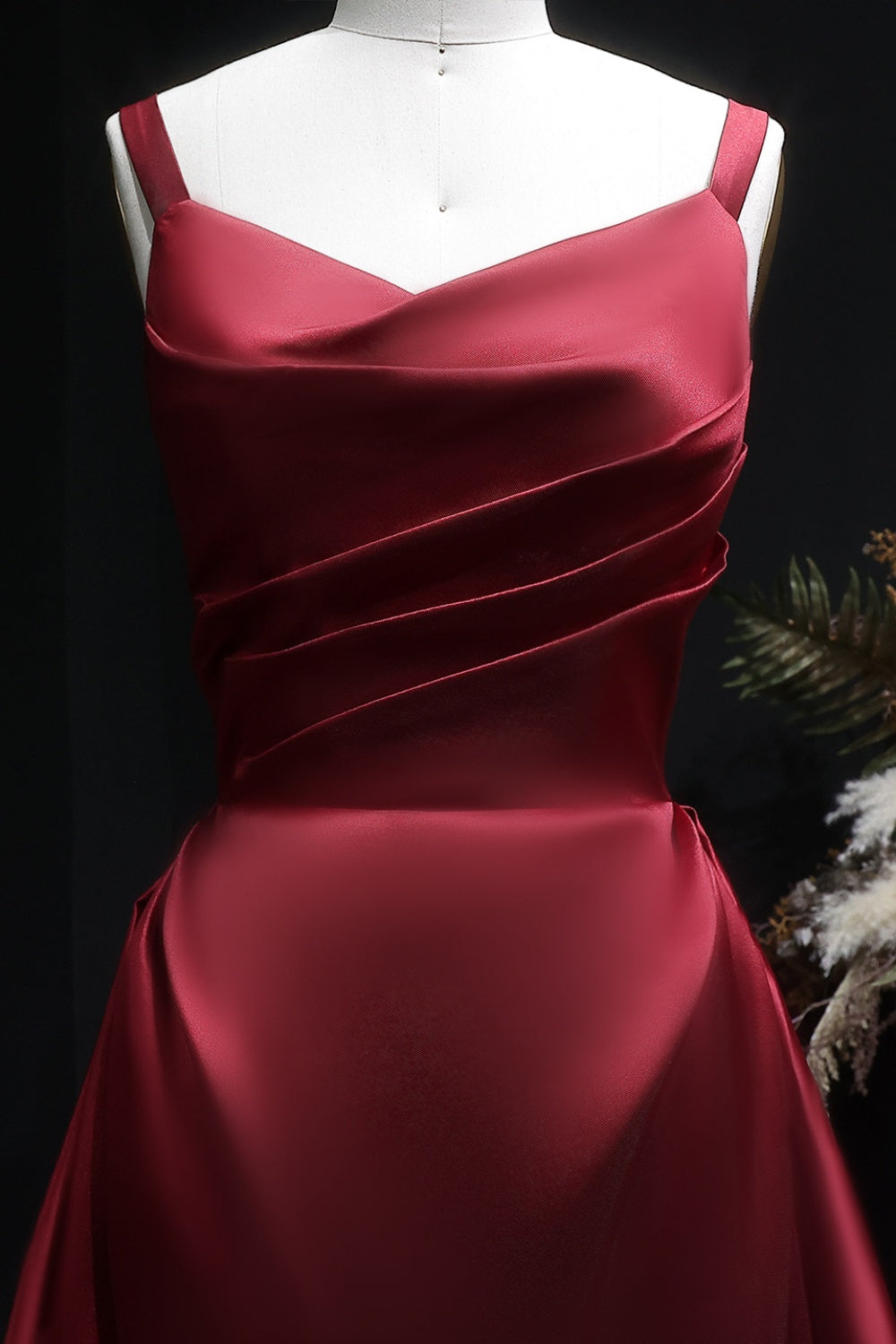 Burgundy Wine Red Square Neck Satin Ballgown Evening Dress SF089 Sheer Fairy