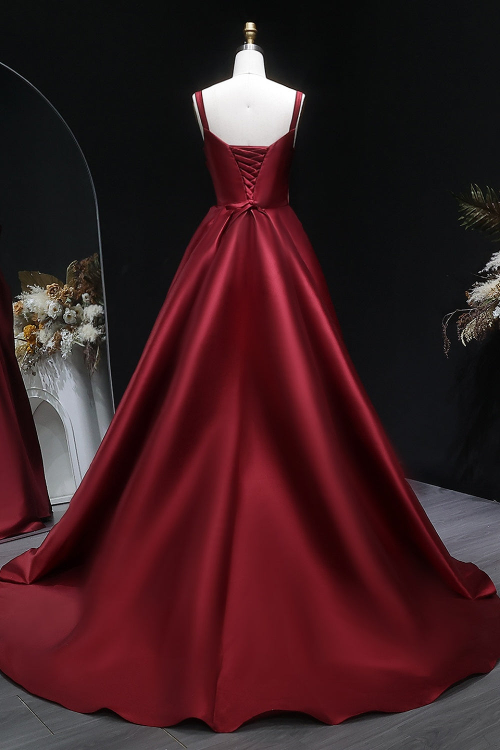Burgundy Wine Red Square Neck Satin Ballgown Evening Dress SF089 Sheer Fairy