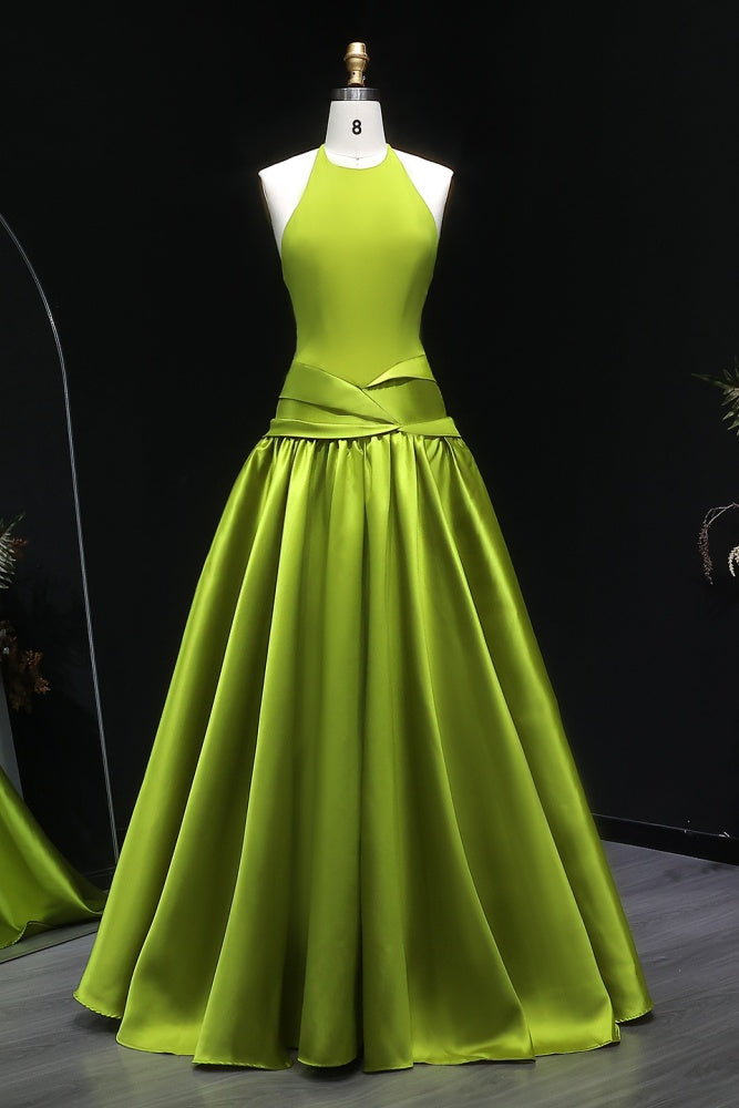 Minimal Olive Green Satin Halter Evening Dress SF148 Sheer Fairy