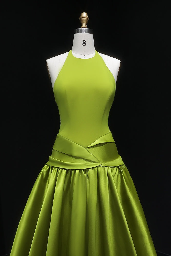 Minimal Olive Green Satin Halter Evening Dress SF148 Sheer Fairy