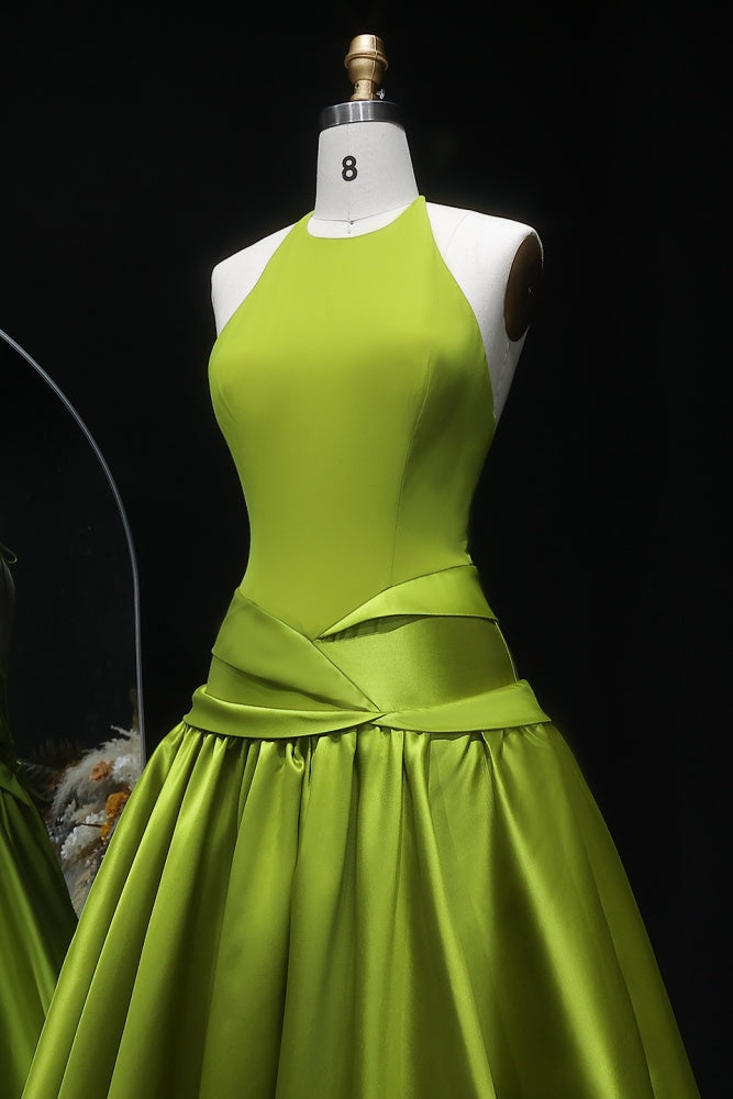Minimal Olive Green Satin Halter Evening Dress SF148 Sheer Fairy