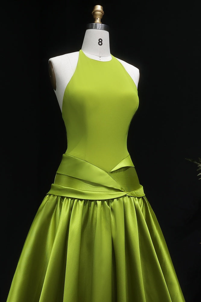 Minimal Olive Green Satin Halter Evening Dress SF148 Sheer Fairy