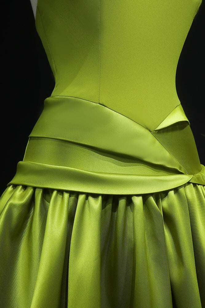 Minimal Olive Green Satin Halter Evening Dress SF148 Sheer Fairy