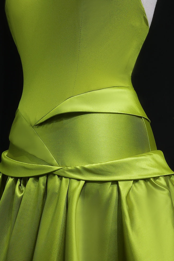 Minimal Olive Green Satin Halter Evening Dress SF148 Sheer Fairy