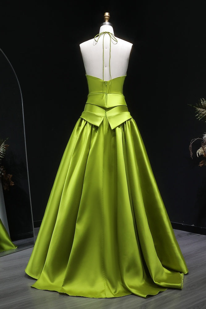 Minimal Olive Green Satin Halter Evening Dress SF148 Sheer Fairy