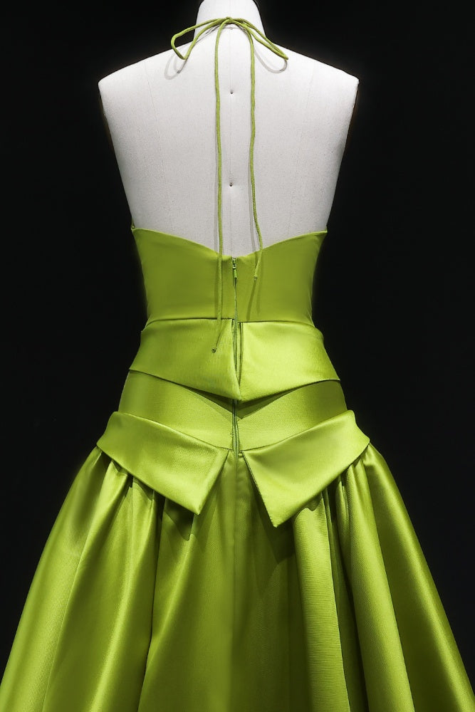 Minimal Olive Green Satin Halter Evening Dress SF148 Sheer Fairy