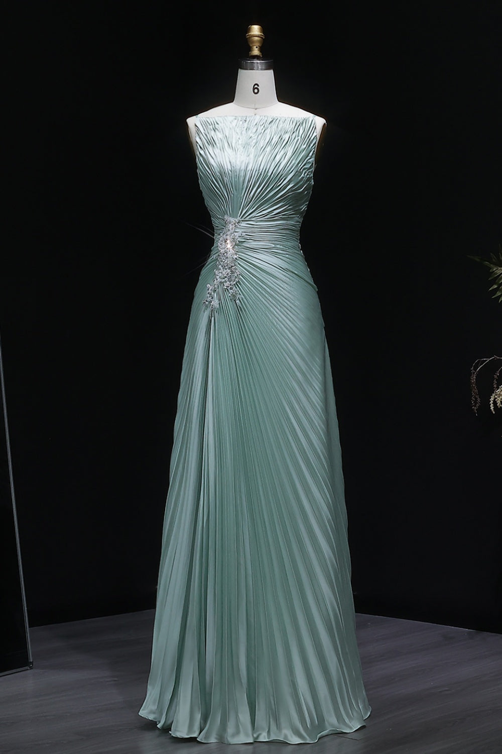 Mint Green Pleated Satin Evening Dress with High Neck SF203 Sheer Fairy