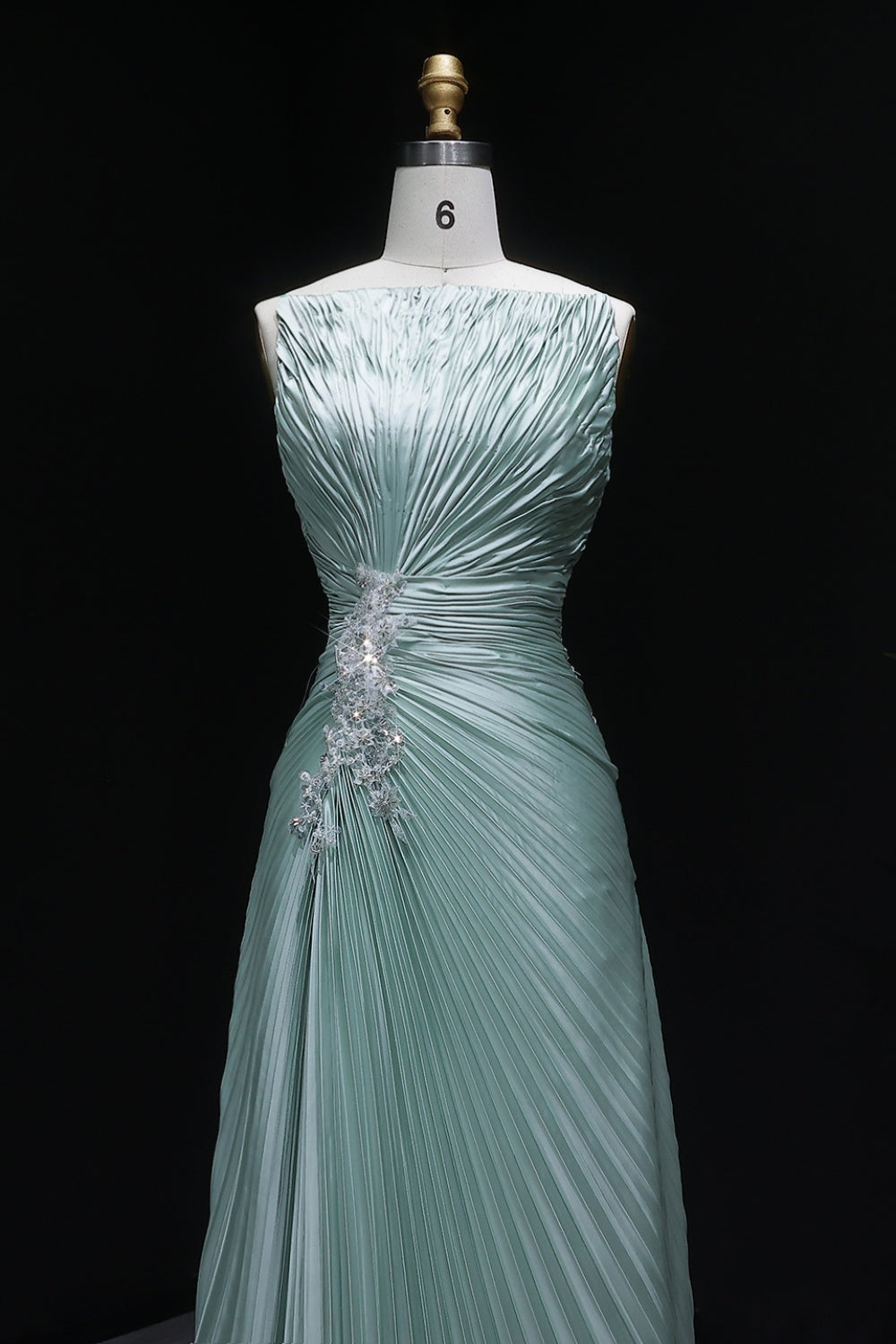 Mint Green Pleated Satin Evening Dress with High Neck SF203 Sheer Fairy