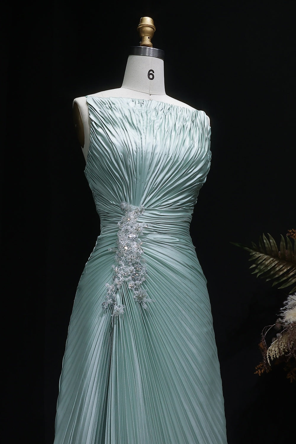Mint Green Pleated Satin Evening Dress with High Neck SF203 Sheer Fairy