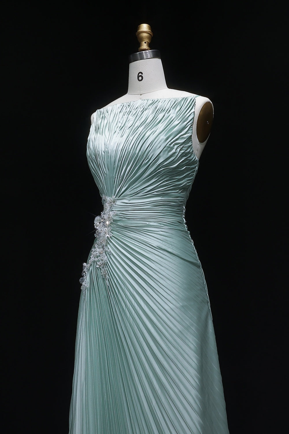 Mint Green Pleated Satin Evening Dress with High Neck SF203 Sheer Fairy