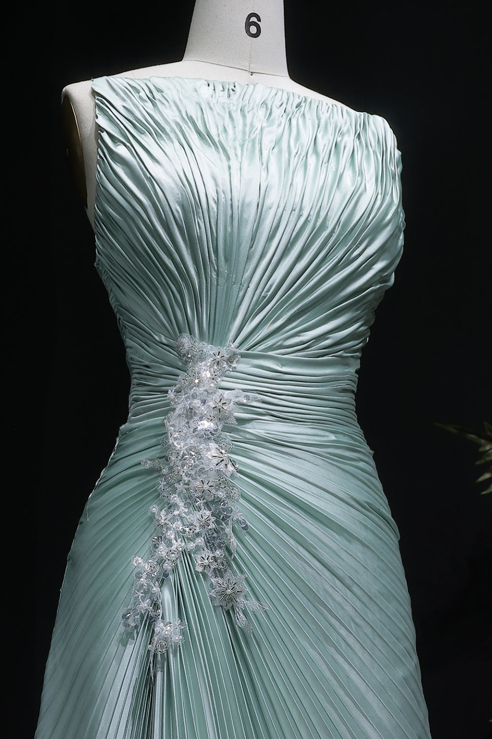 Mint Green Pleated Satin Evening Dress with High Neck SF203 Sheer Fairy
