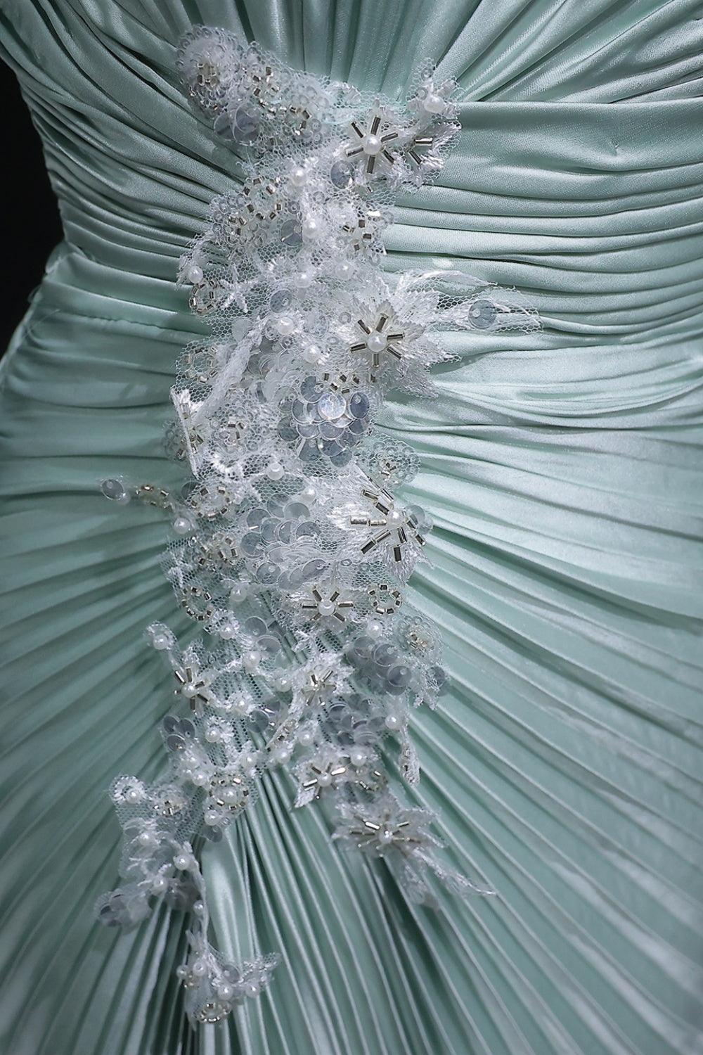 Mint Green Pleated Satin Evening Dress with High Neck SF203 Sheer Fairy