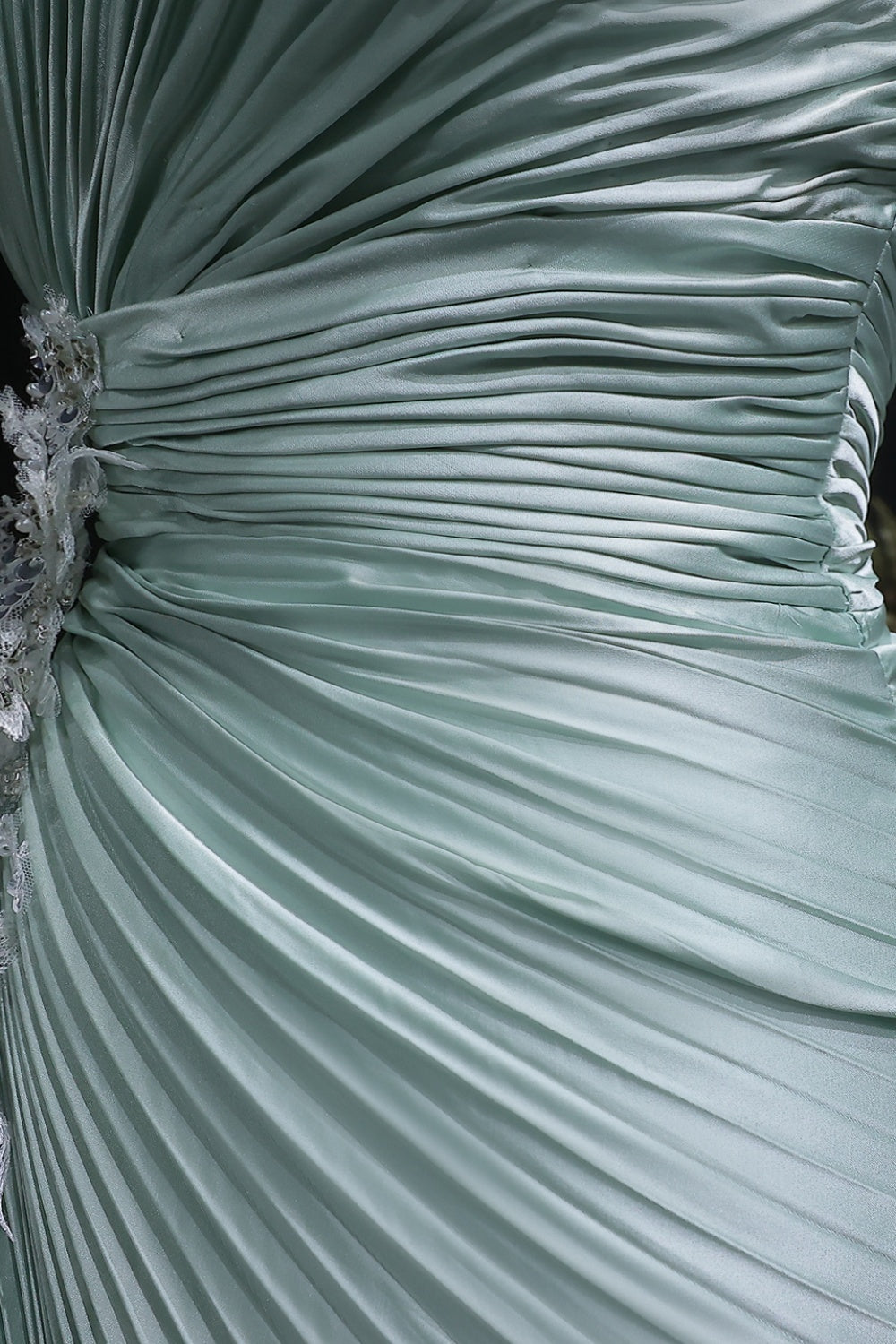 Mint Green Pleated Satin Evening Dress with High Neck SF203 Sheer Fairy