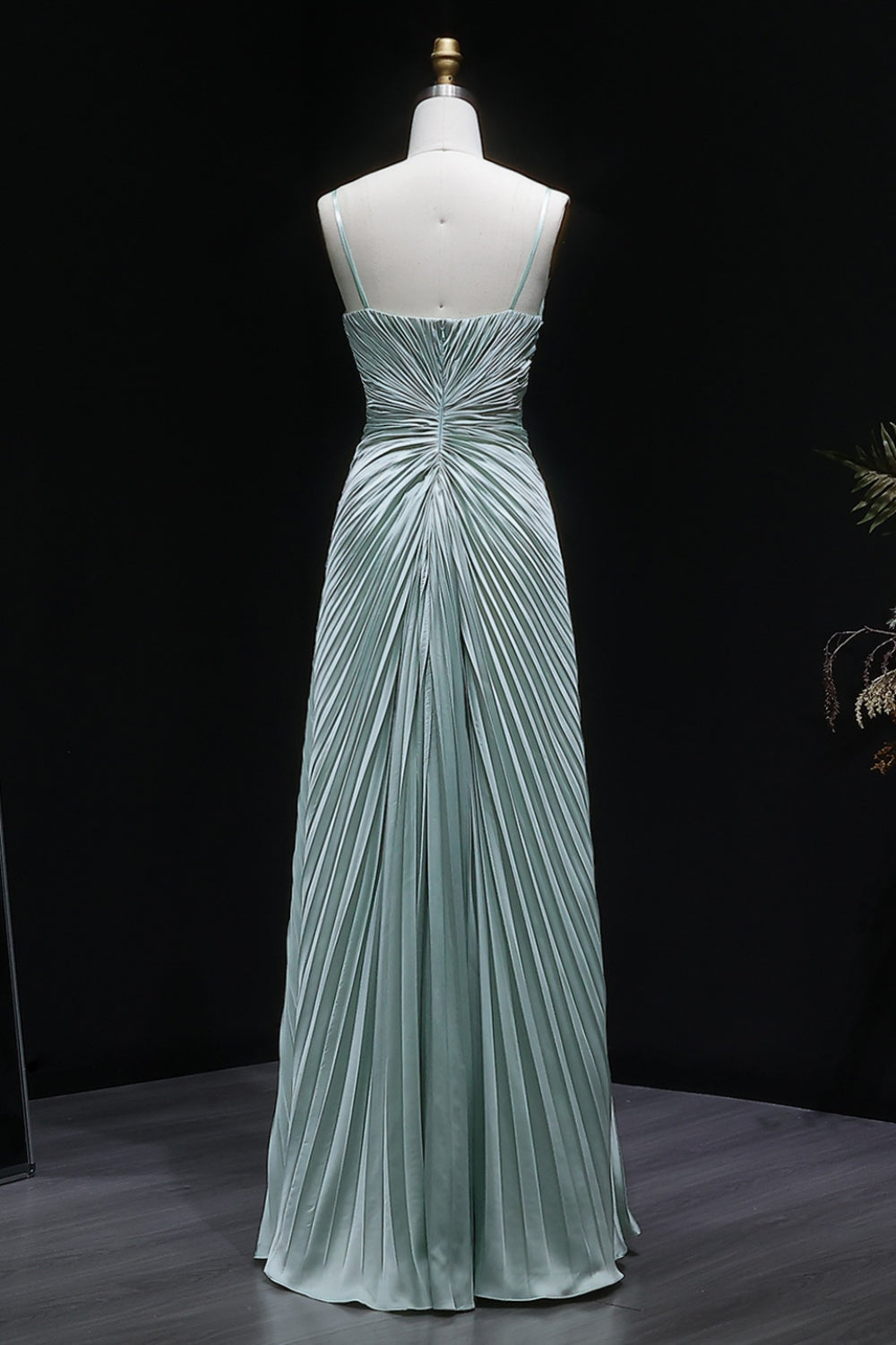 Mint Green Pleated Satin Evening Dress with High Neck SF203 Sheer Fairy