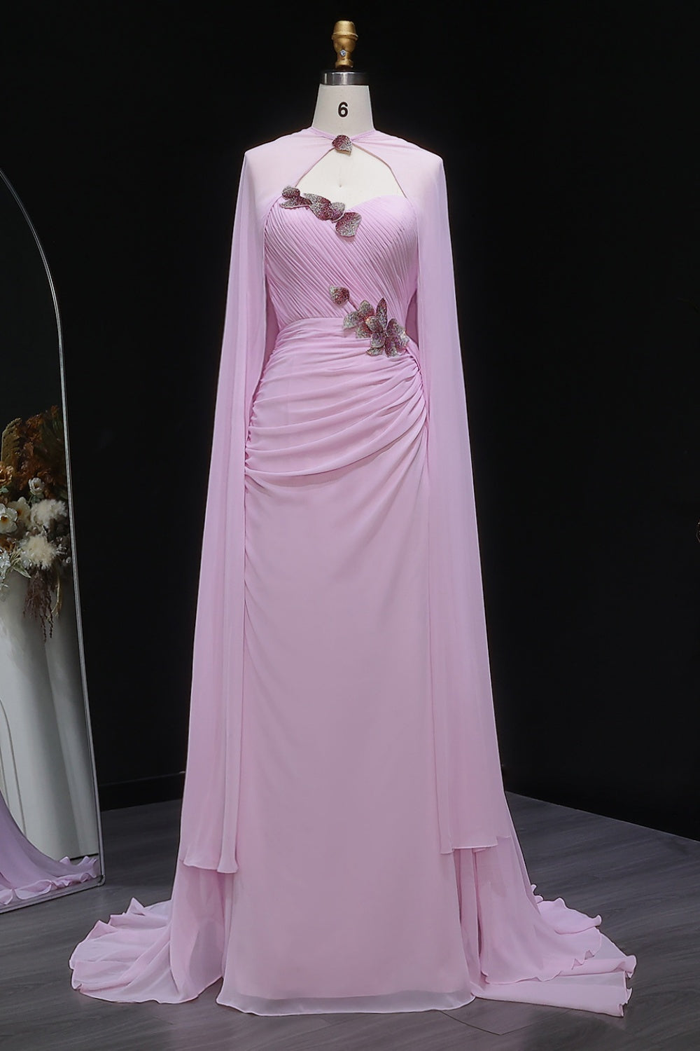 Light Pink 3D Floral Chiffon A-Line Evening Dress with Flowing Capelet SF223 Sheer Fairy