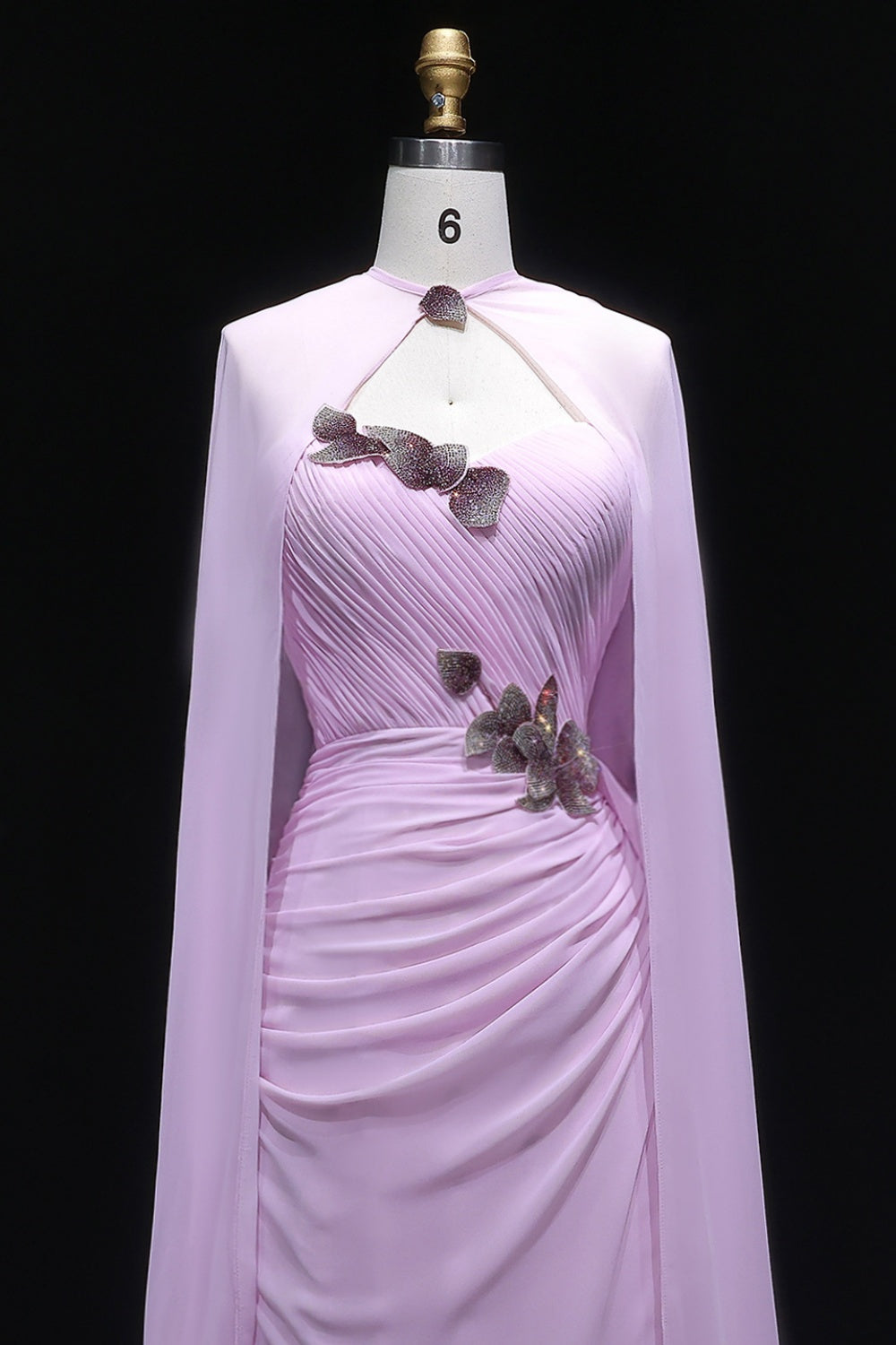 Light Pink 3D Floral Chiffon A-Line Evening Dress with Flowing Capelet SF223 Sheer Fairy