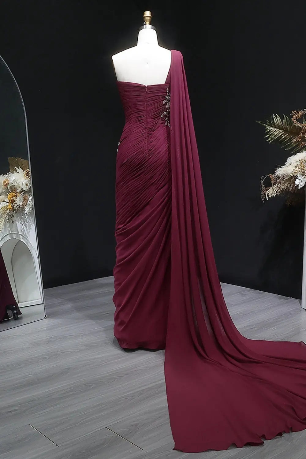 Beaded Chiffon Formal Pink One-Shoulder Sheath Evening Dress SF249 Sheer Fairy