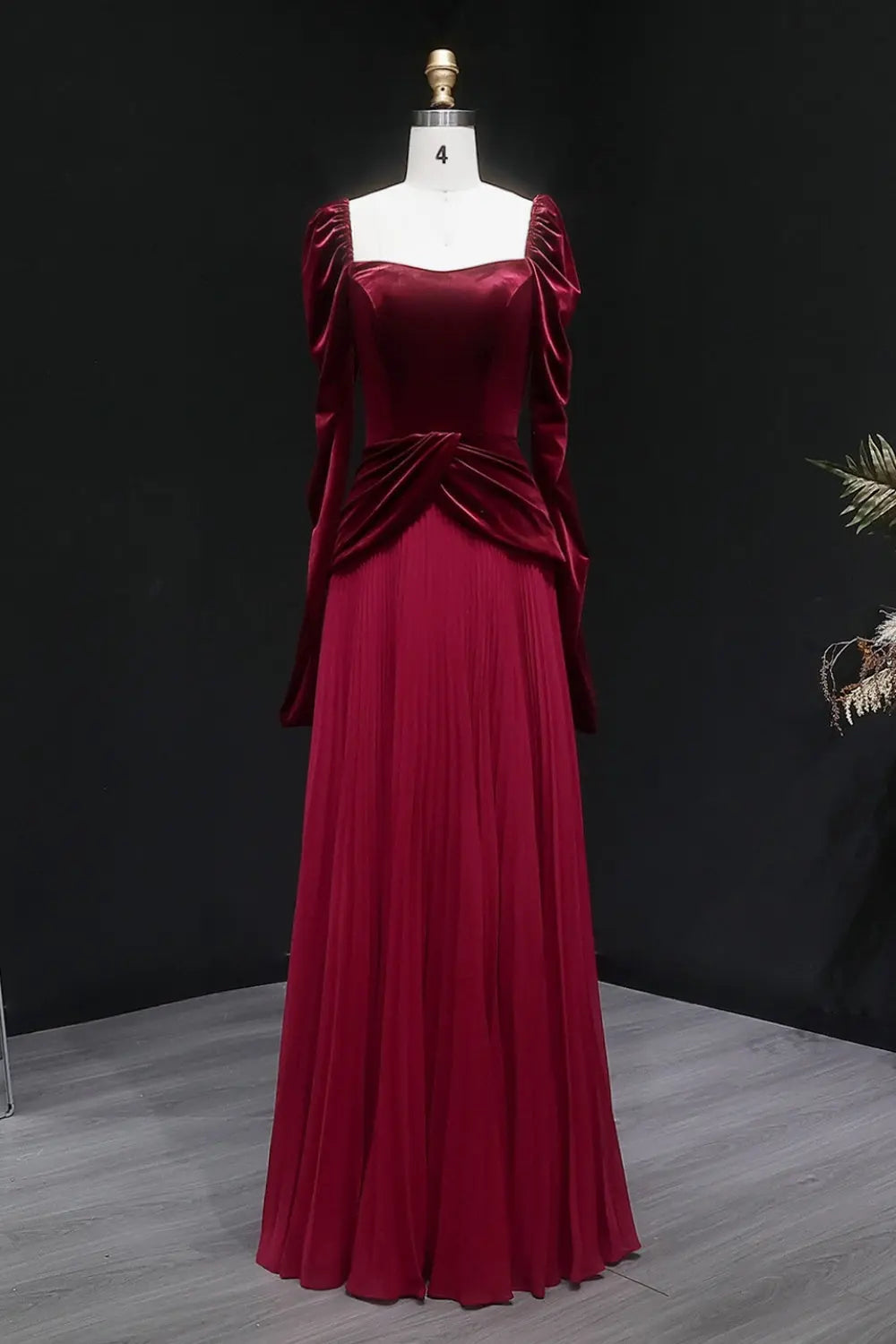 Burgundy Velvet Square Neck Long Puff Sleeve Evening Dress SF259 Sheer Fairy