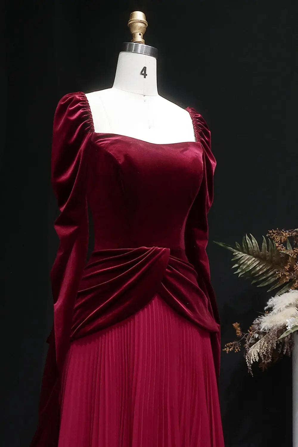 Burgundy Velvet Square Neck Long Puff Sleeve Evening Dress SF259 Sheer Fairy