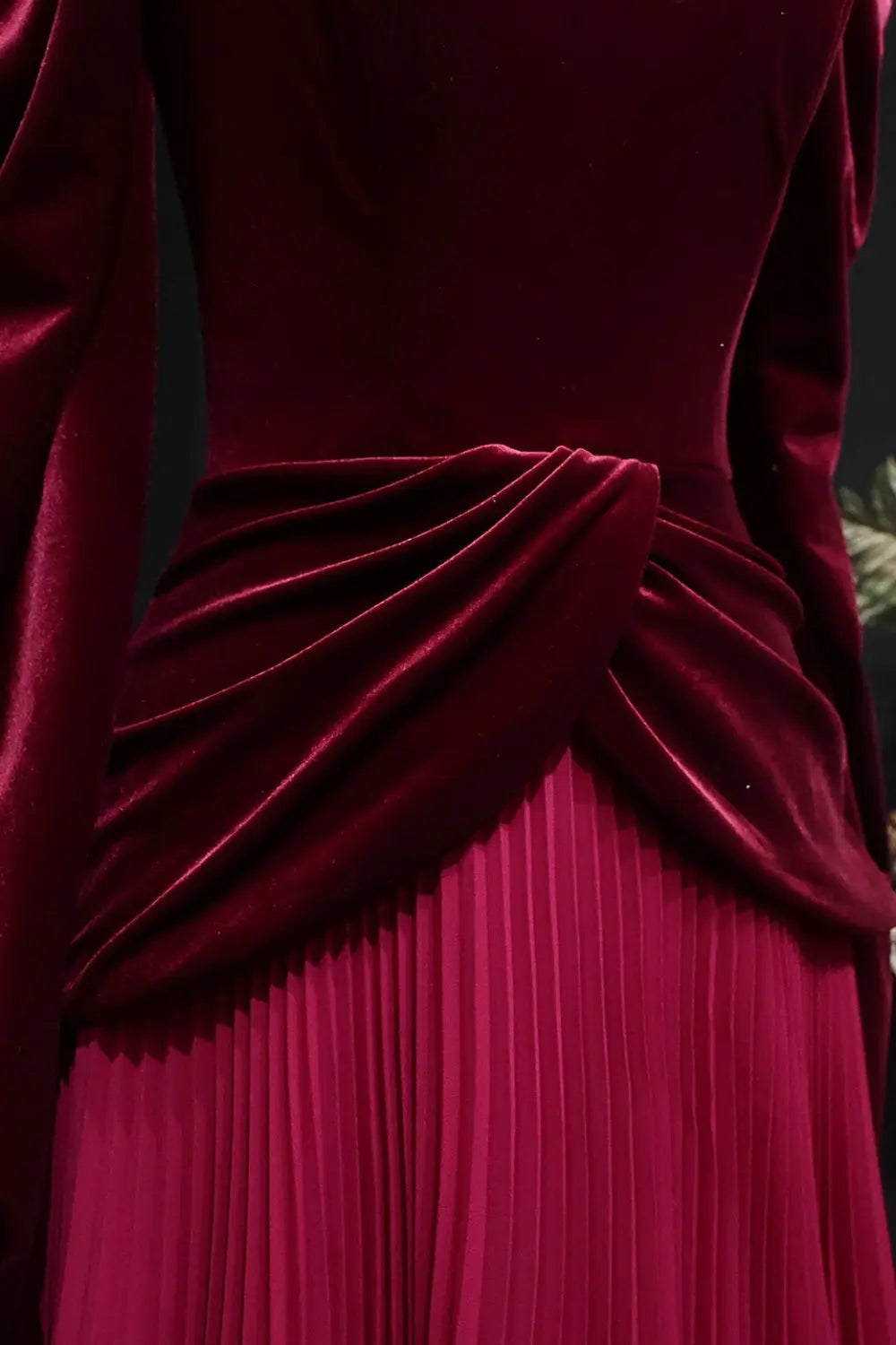 Burgundy Velvet Square Neck Long Puff Sleeve Evening Dress SF259 Sheer Fairy