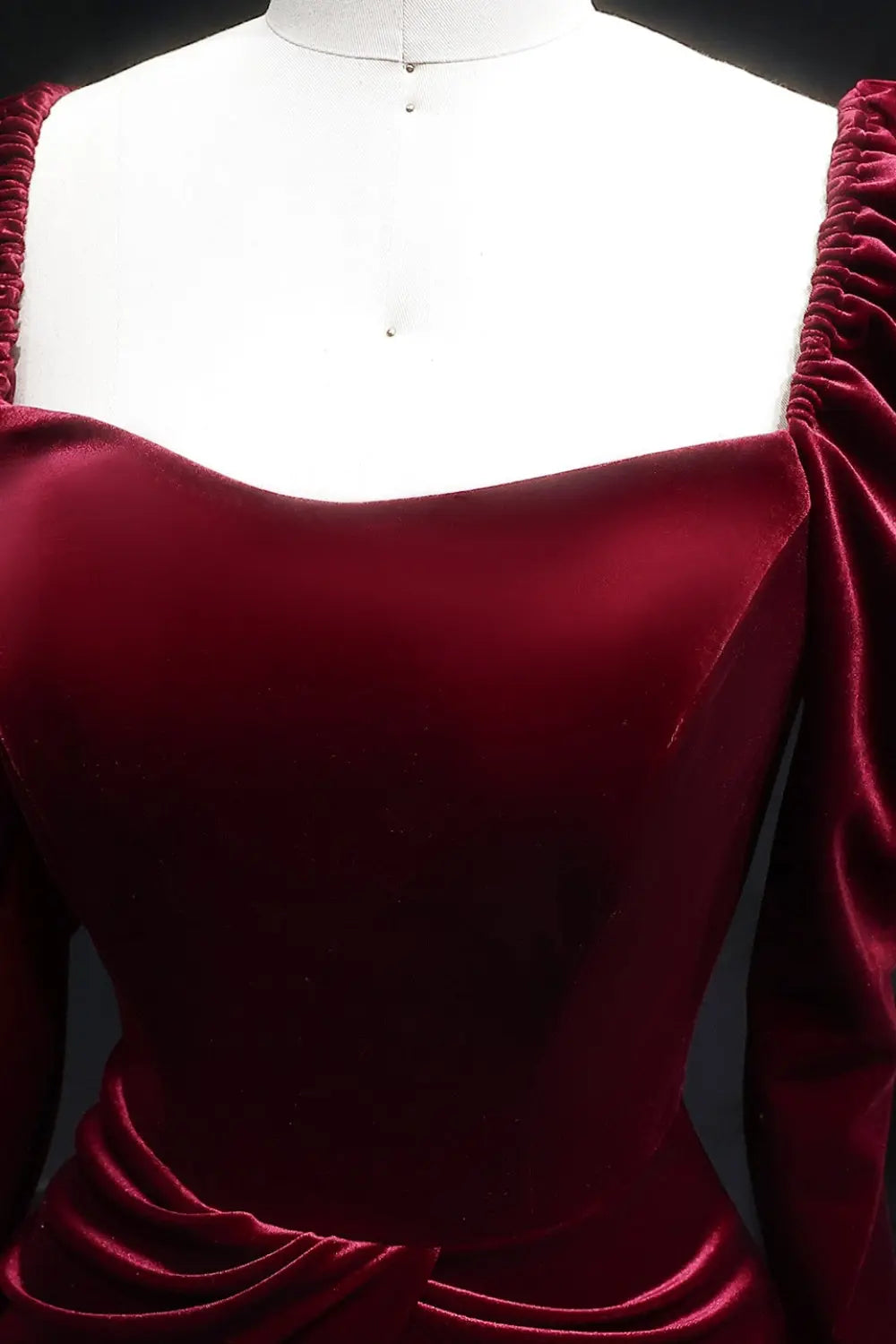 Burgundy Velvet Square Neck Long Puff Sleeve Evening Dress SF259 Sheer Fairy